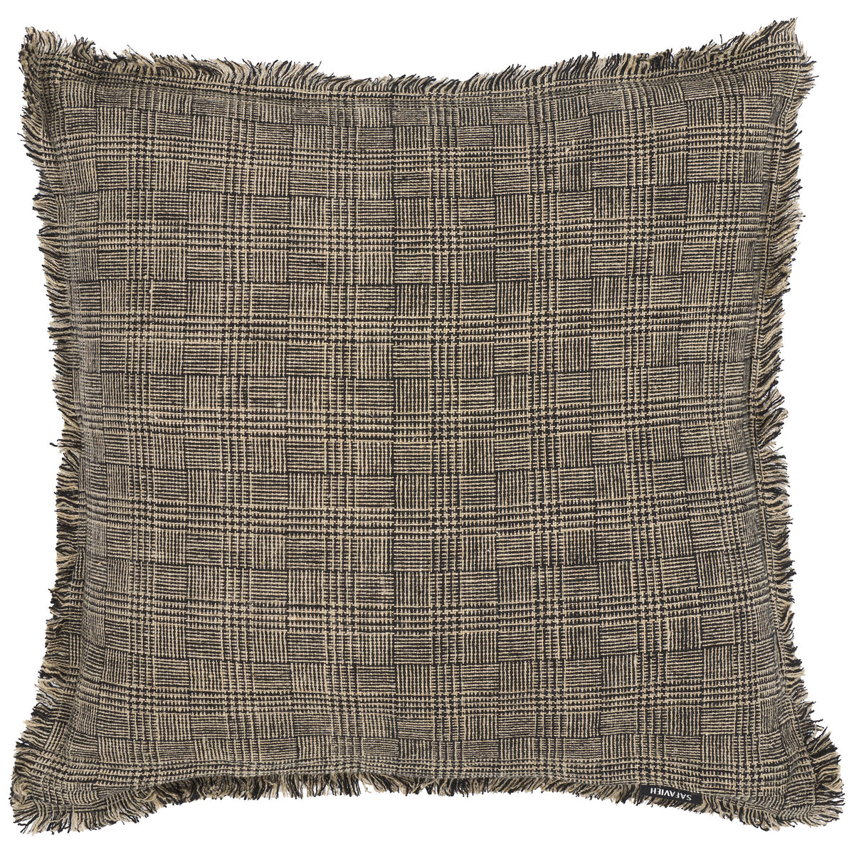 Black and natural linen pillow showcases a textured grid pattern and softly fringed edges || PLS8009A-2020 || back_studio