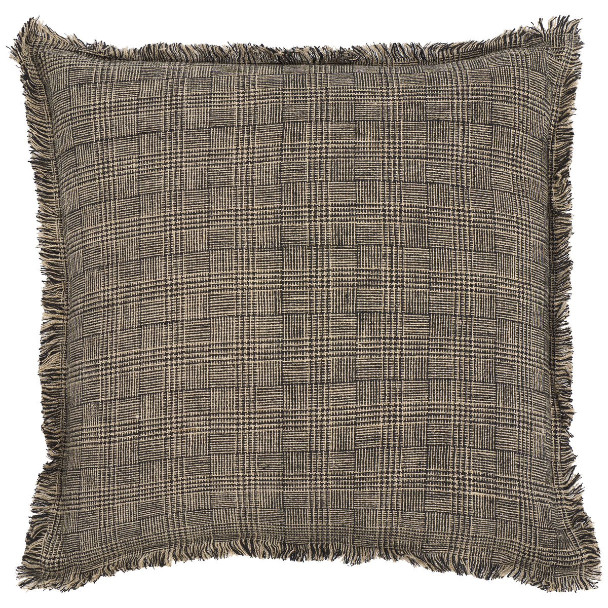 Square linen accent pillow features a fine black and natural woven check framed by fringe || PLS8009A-2020 || front_studio