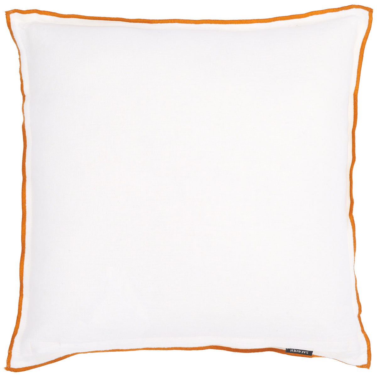 White linen pillow with rust-colored edging and an understated, tailored look. || PLS8010A-2020 || back_studio