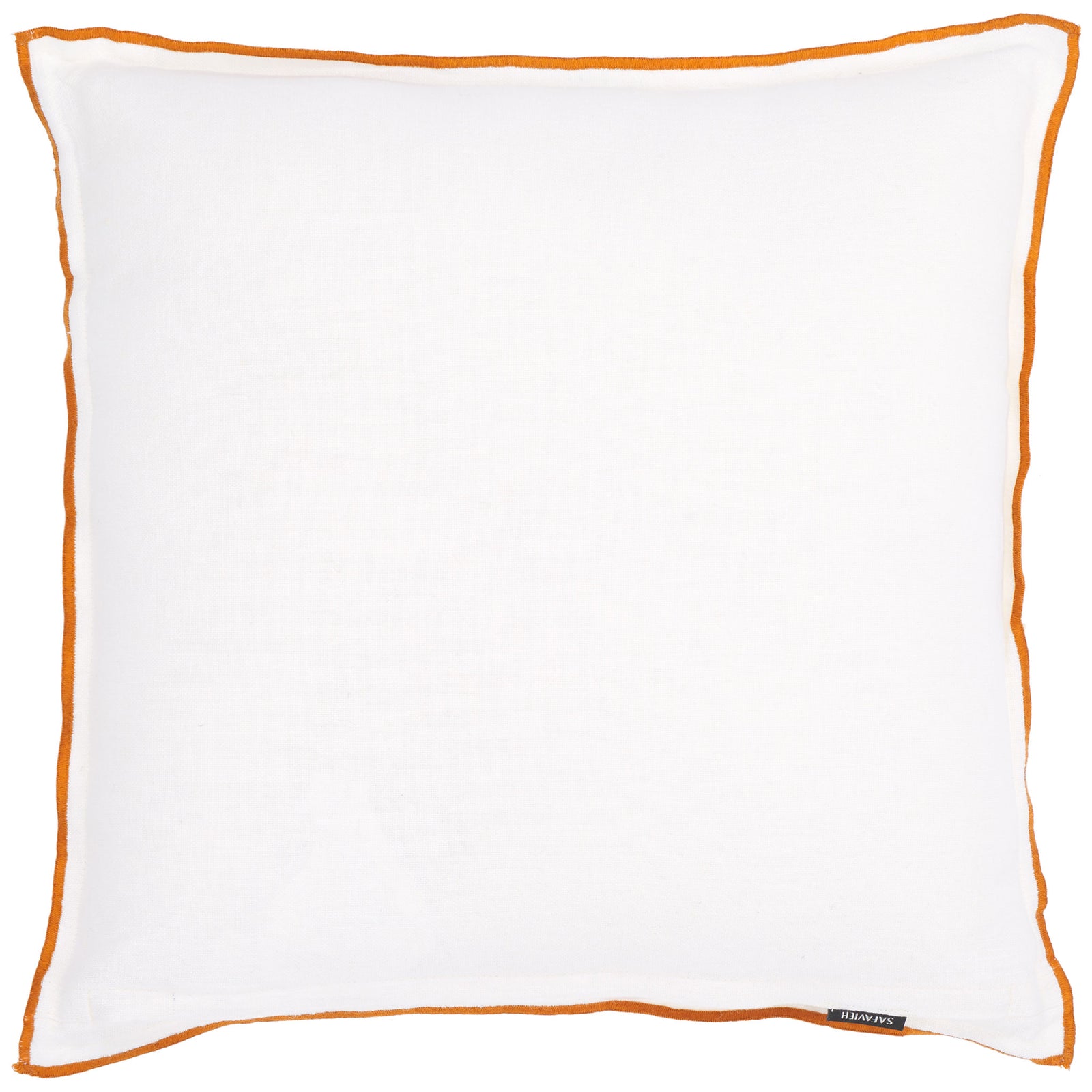 White linen pillow with rust-colored edging and an understated, tailored look. || PLS8010A-2020 || back_studio