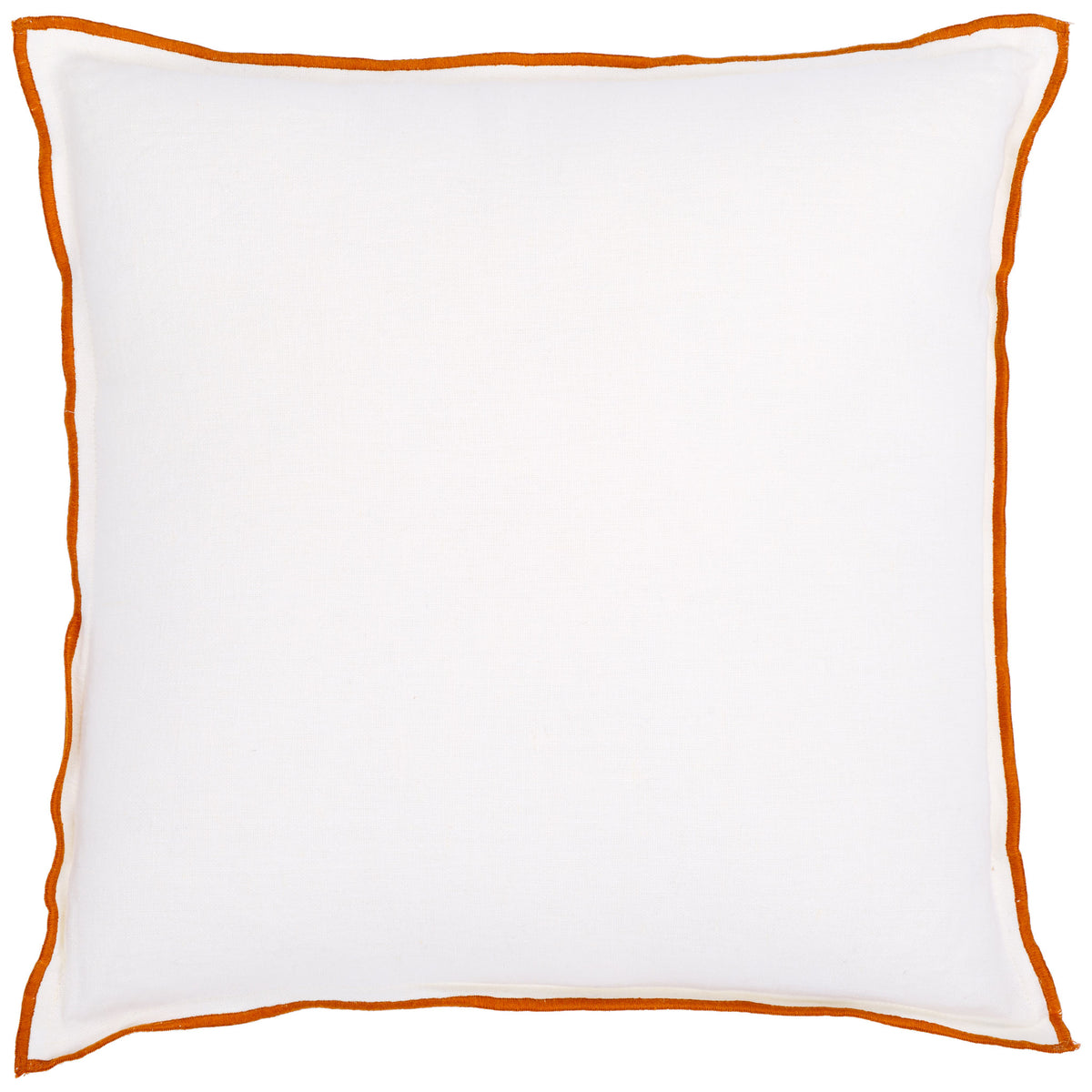 Square white linen pillow framed by slender rust-colored piping. || PLS8010A-2020 || front_studio