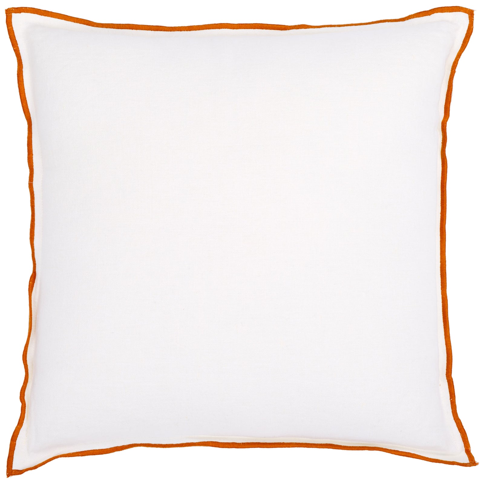 Square white linen pillow framed by slender rust-colored piping. || PLS8010A-2020 || front_studio