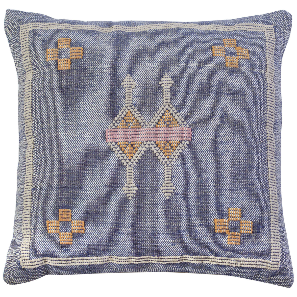 Blue cotton pillow with a cream border and colorful geometric motifs || PLS9700A-1818 || front_studio