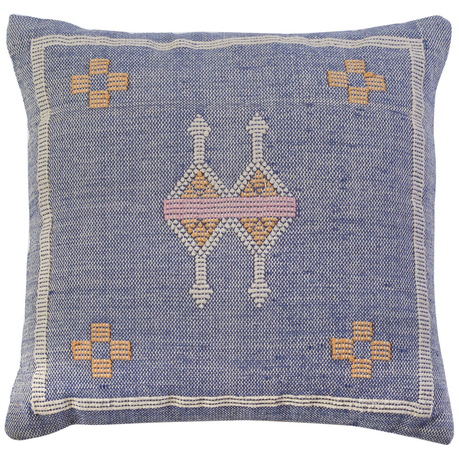 Blue cotton pillow with a cream border and colorful geometric motifs || PLS9700A-1818 || front_studio