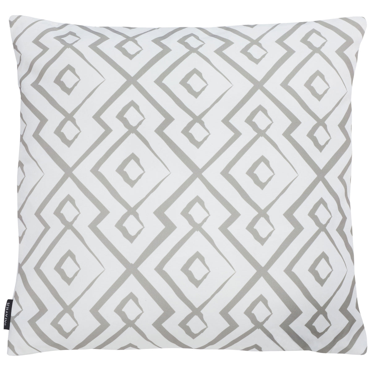 A soft gray diamond lattice lends modern pattern to this square white outdoor pillow. || PPL260B-1818 || front_studio