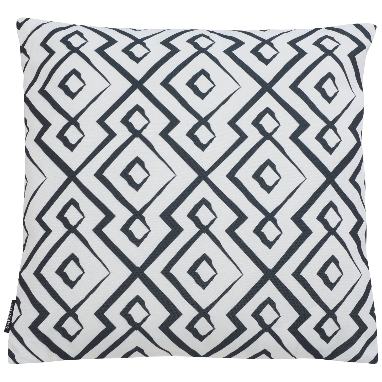 Bold black diamonds and intersecting lines give this white outdoor pillow graphic appeal. || PPL260C-1818 || front_studio