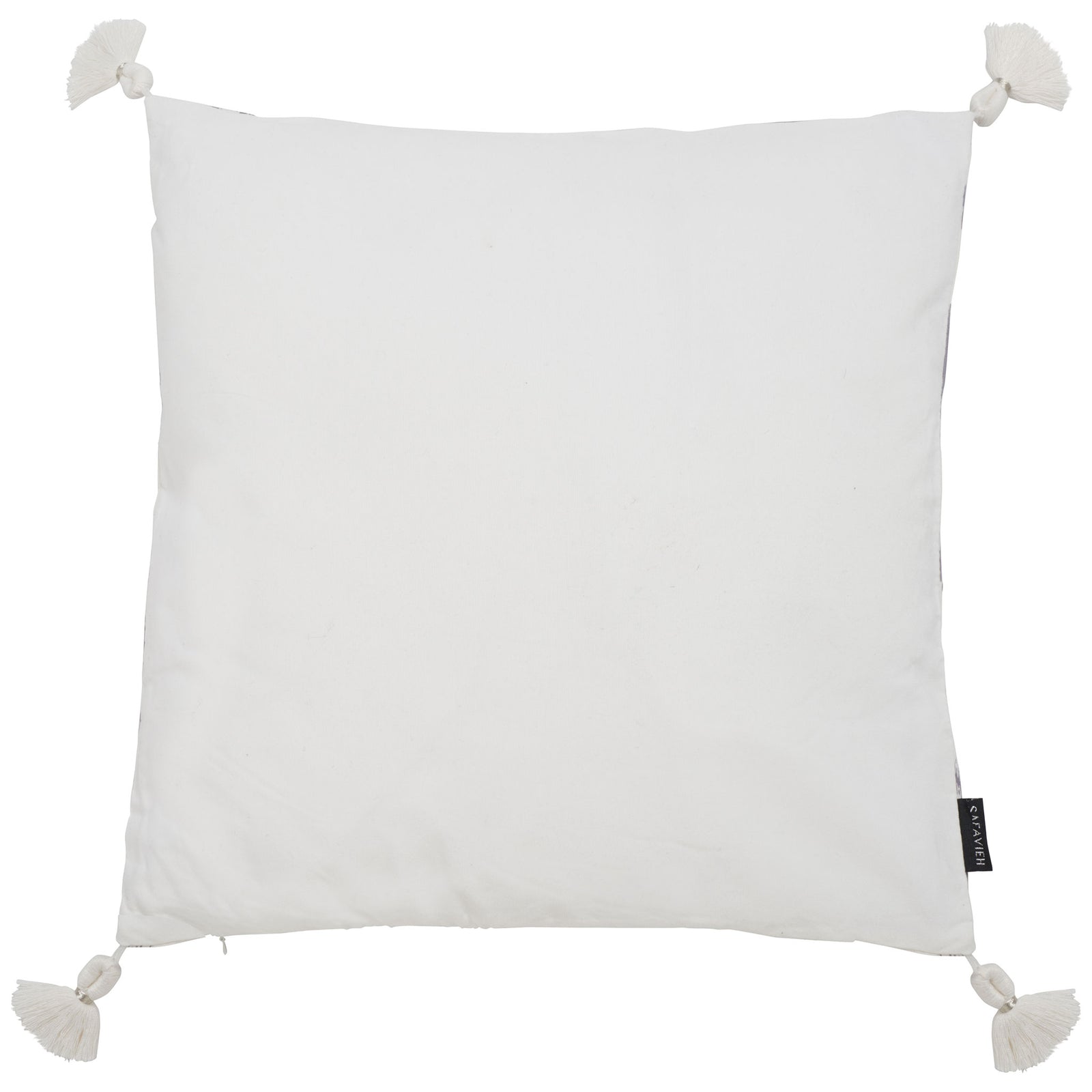 A solid white pillow reverse with four tasseled corners and a subtle fabric texture || PPL261A-1818 || back_studio