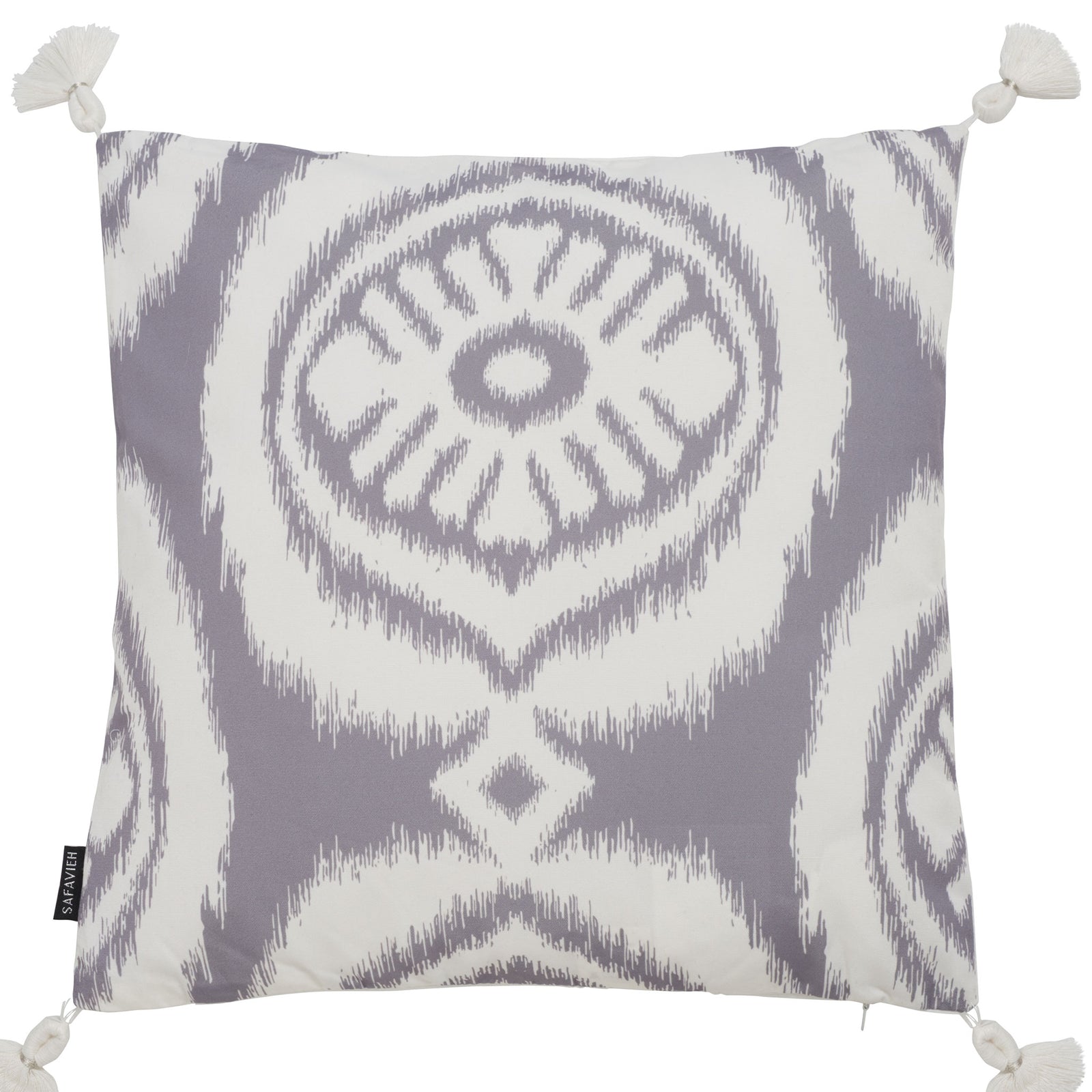 A gray-and-white medallion pattern and four white tassels give this square pillow a playful finish || PPL261A-1818 || front_studio