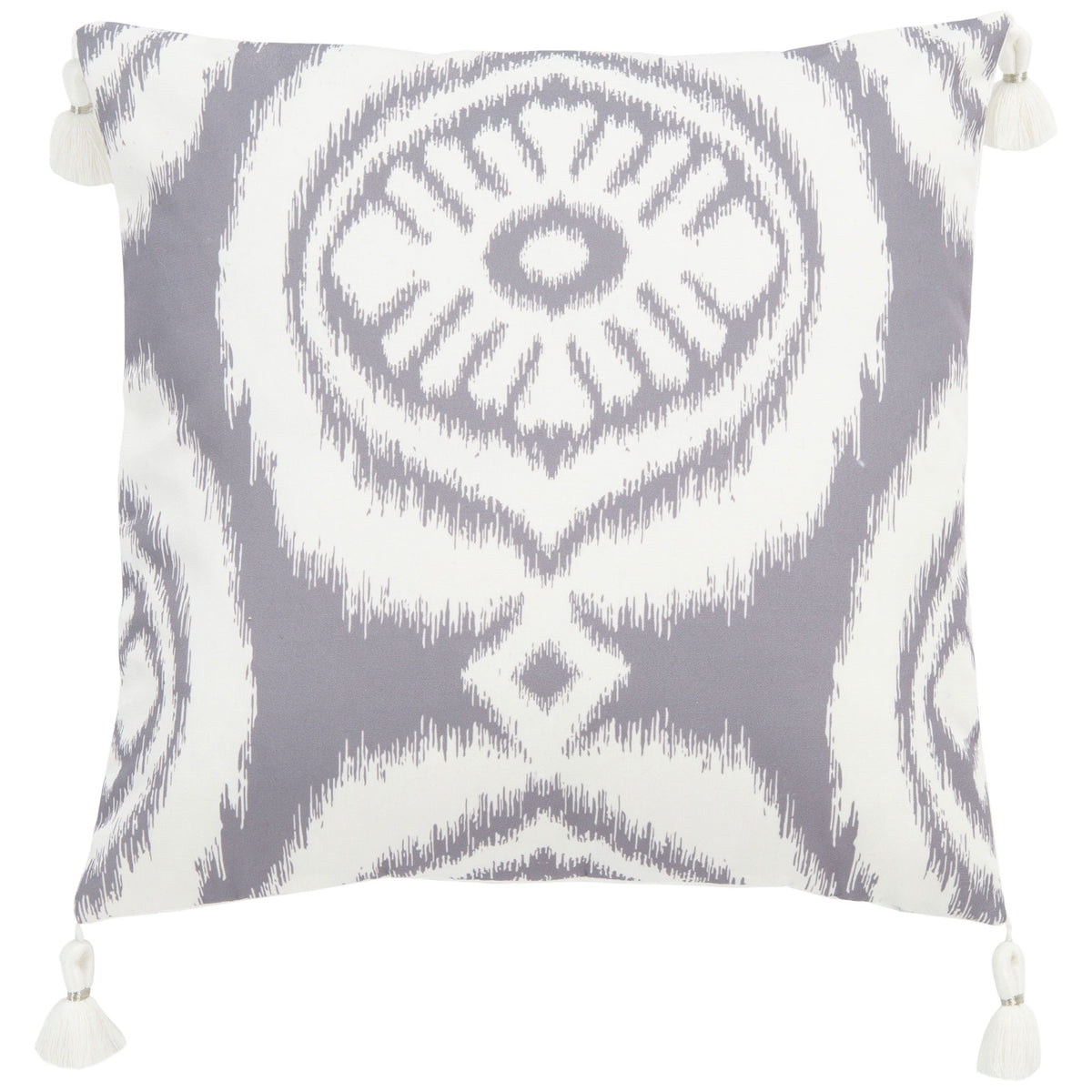 Bold gray medallions and ikat-style edges dress up this tasseled white square pillow || PPL261A-1818 || front_studio