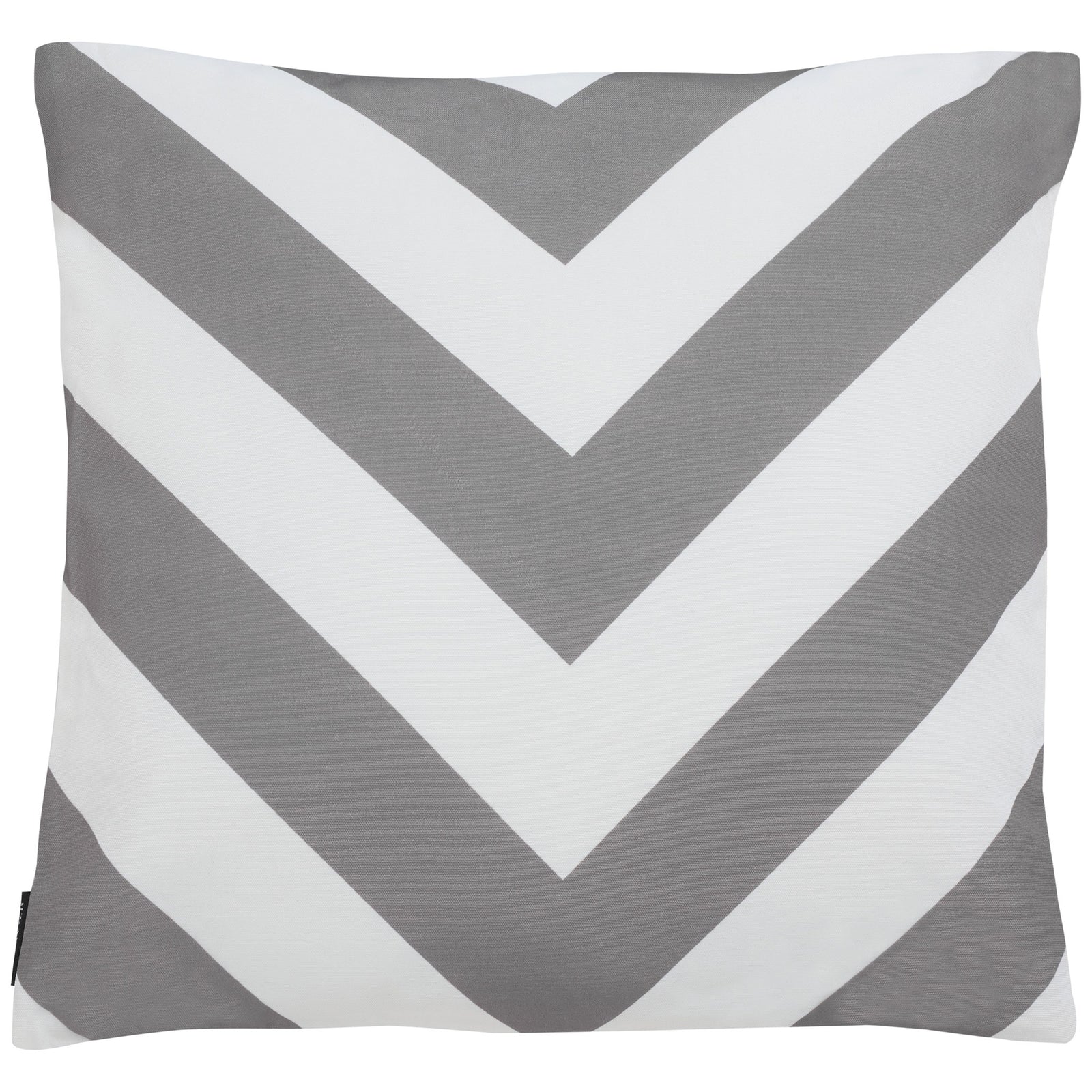 Wide gray and white chevrons give this square outdoor pillow modern graphic appeal. || PPL262A-1818 || front_studio
