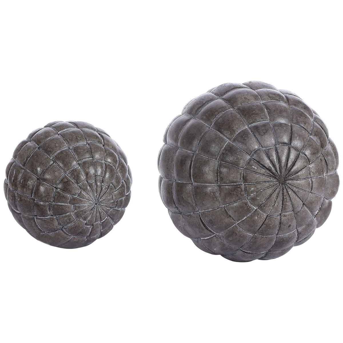 Large and small polyresin spheres feature radiating gridwork and a weathered black finish || RDC1200A-SET2 || front_studio