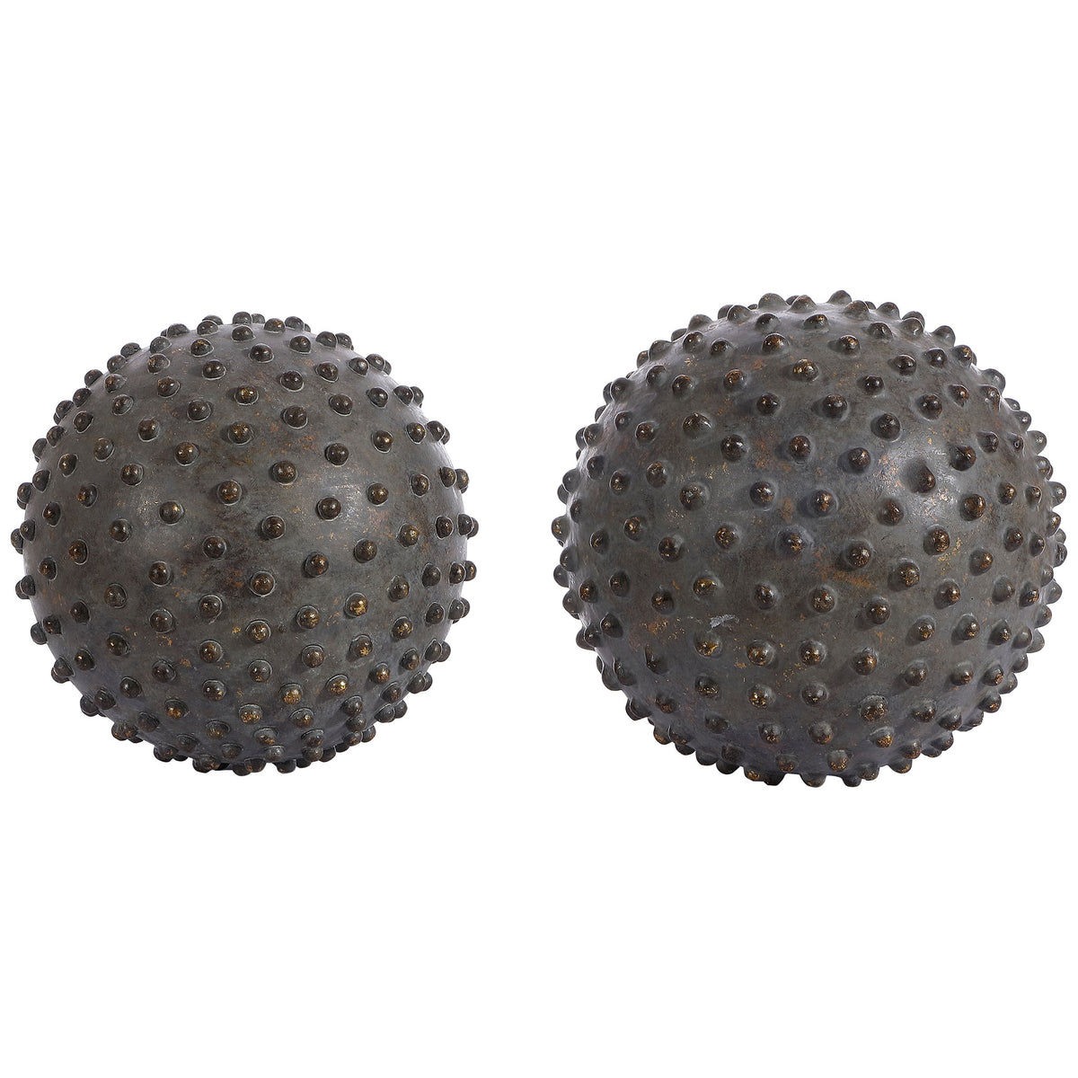 Two decorative spheres in graduated sizes feature a muted brown finish and raised texture || RDC1201A-SET2 || front_studio