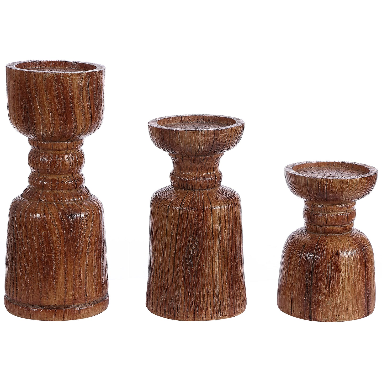 Three graduated brown polyresin candle holders feature textured grain and sculpted pedestal forms. || RDC1202A-SET3 || front_angle_studio