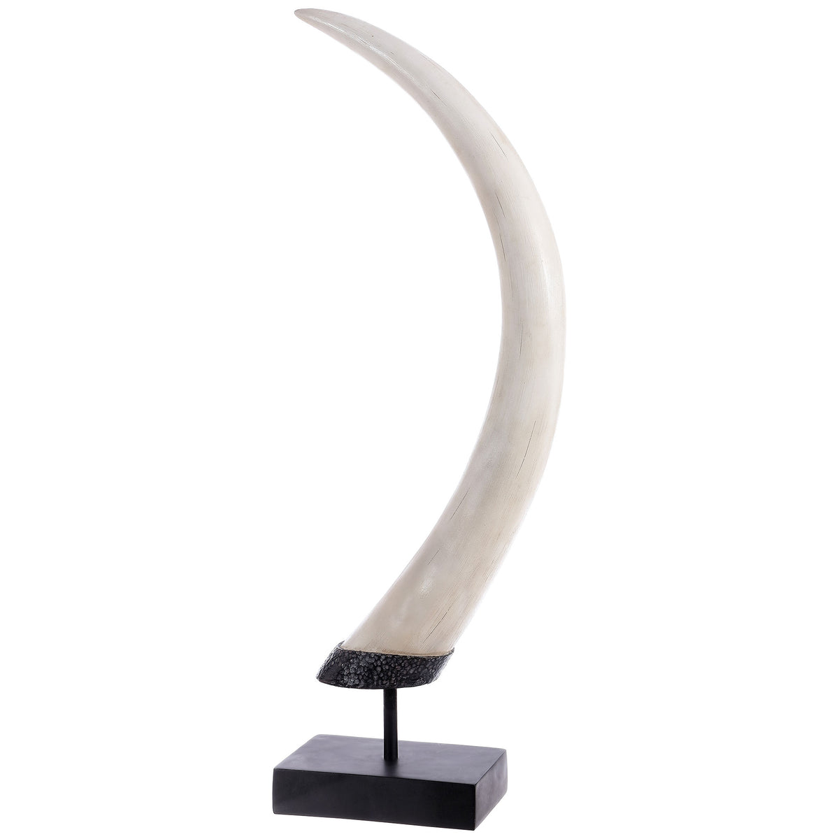 A sweeping white horn-inspired form features a textured dark collar and sleek black rectangular pedestal. || RDC1203A || front_angle_studio
