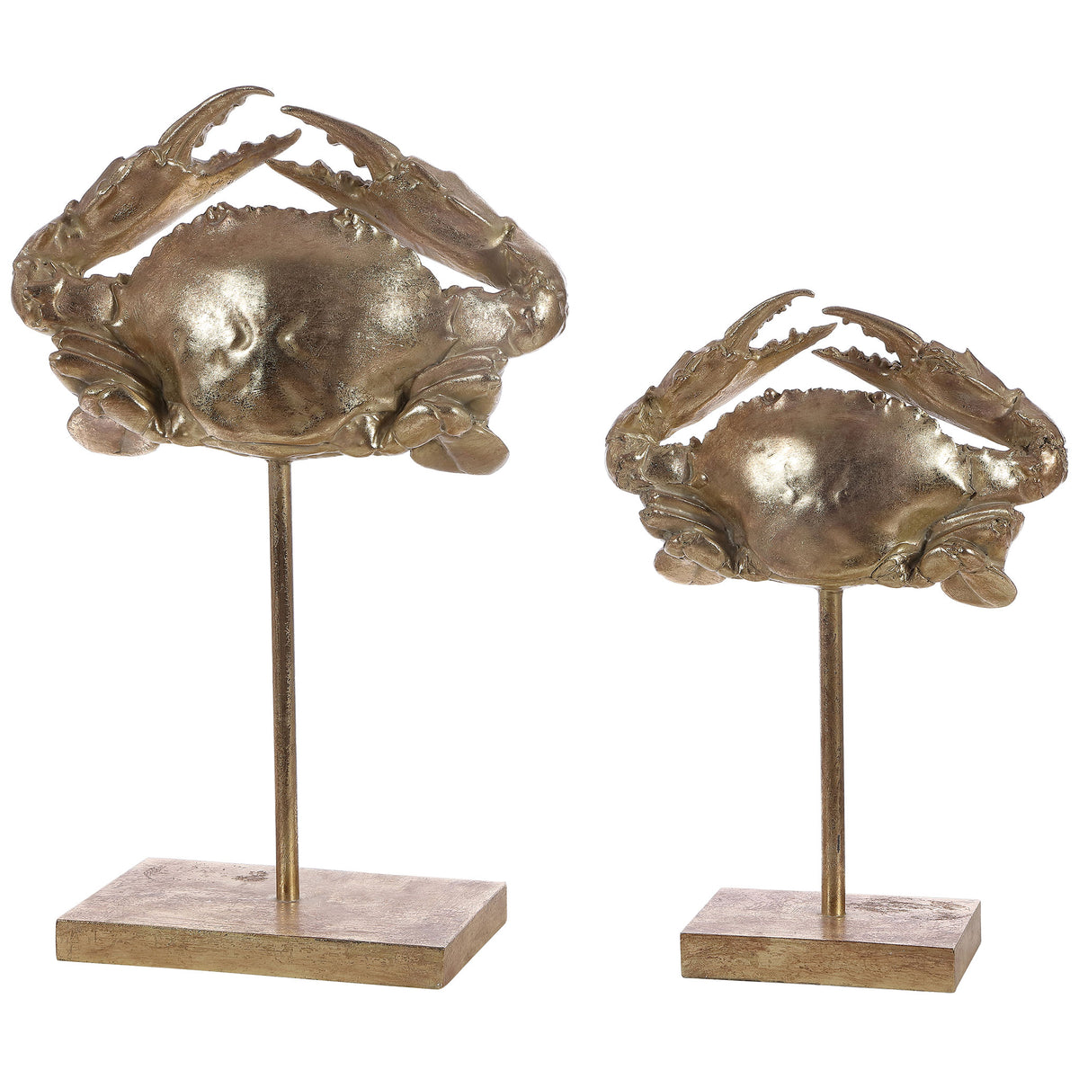 A pair of textured gold crab sculptures stands on slender stems and rectangular bases at staggered heights. || RDC1205A-SET2 || front_studio