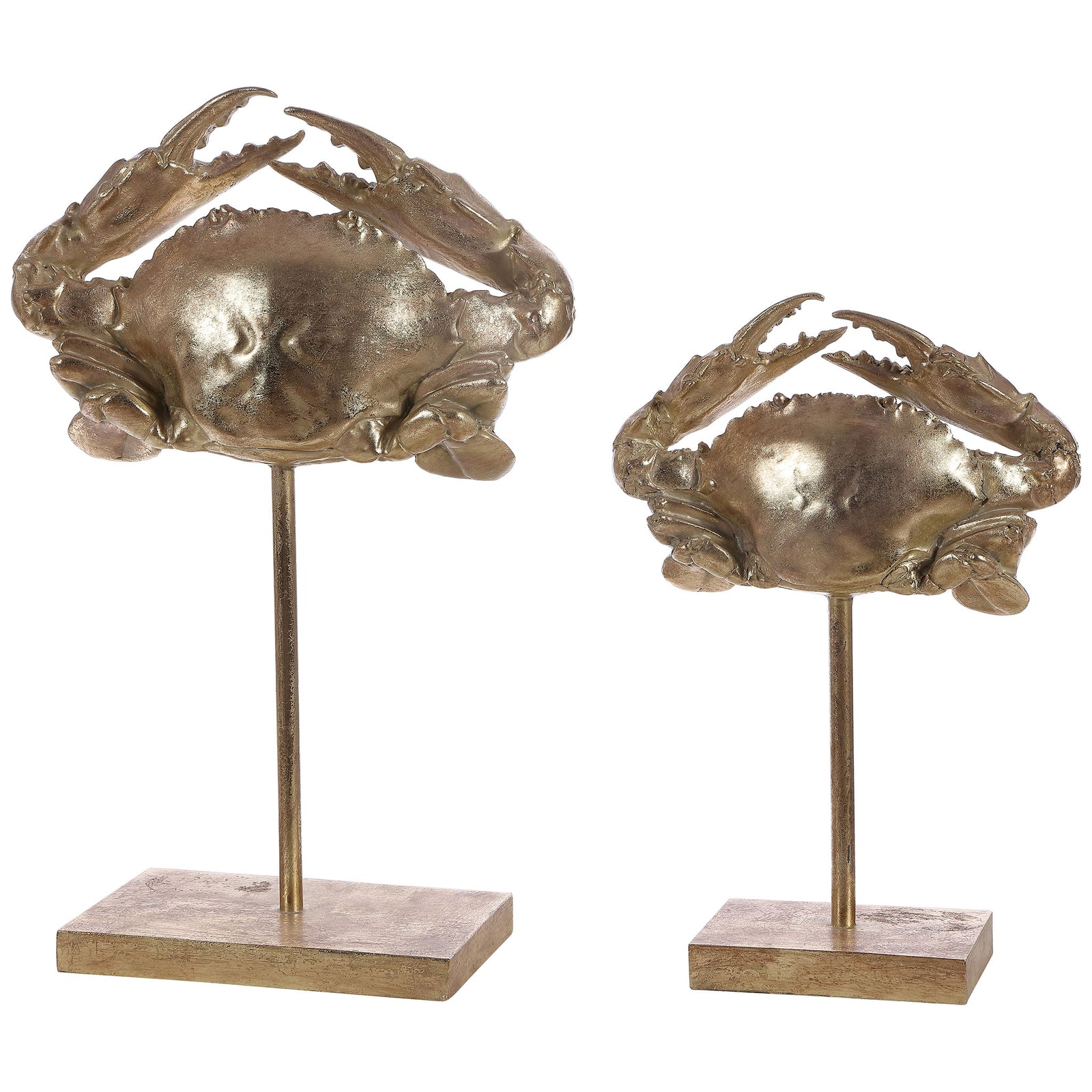 A pair of textured gold crab sculptures stands on slender stems and rectangular bases at staggered heights. || RDC1205A-SET2 || front_studio