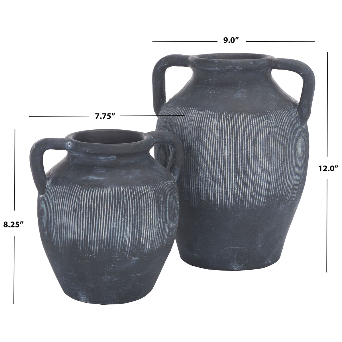 Two textured black vases stand 12 and 8.25 inches tall, each with sculptural loop handles || RDC1210A-SET2 || dimension_studio