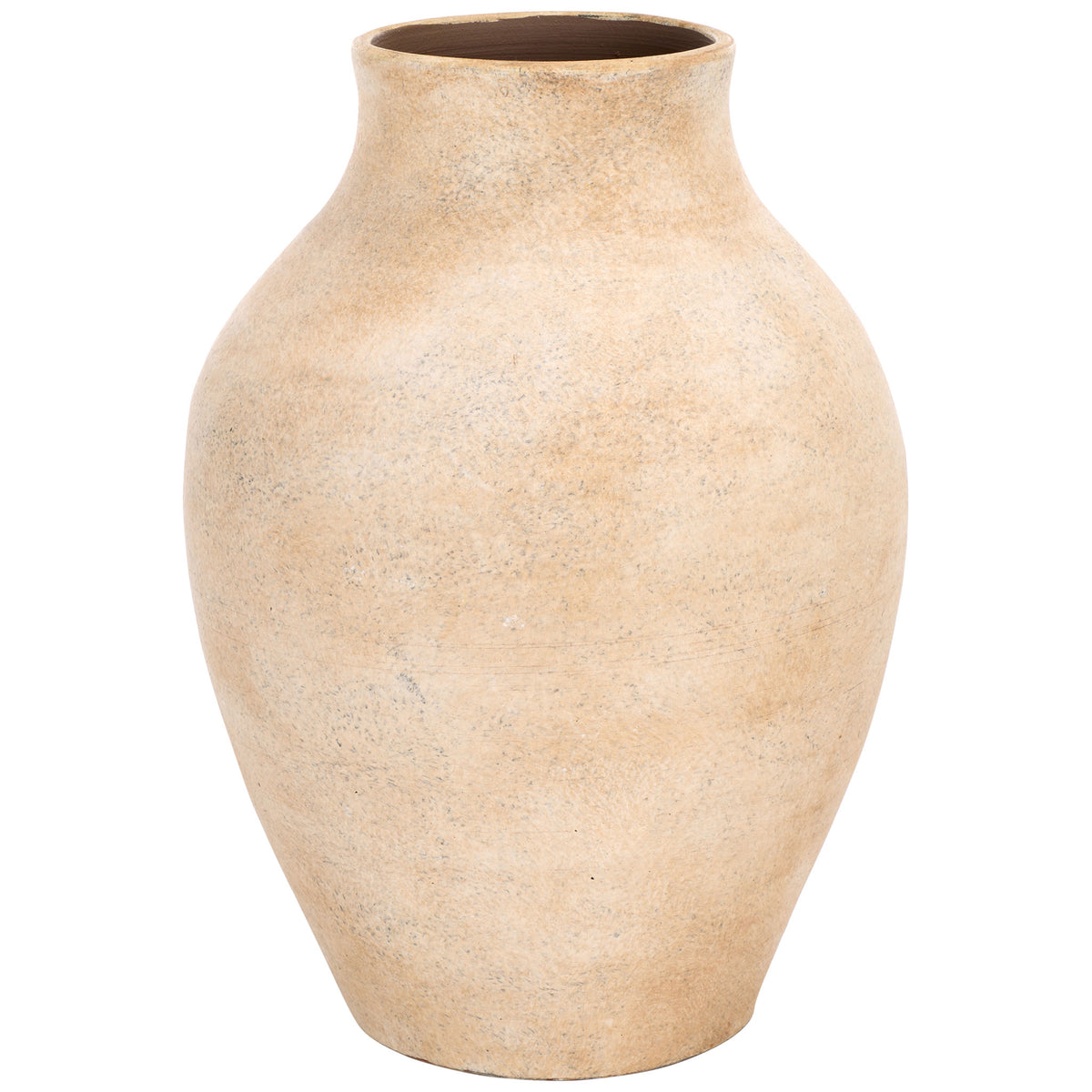 A softly rounded stoneware vase blends warm natural tan tones with subtle gray speckling. || RDC1211A || front_studio