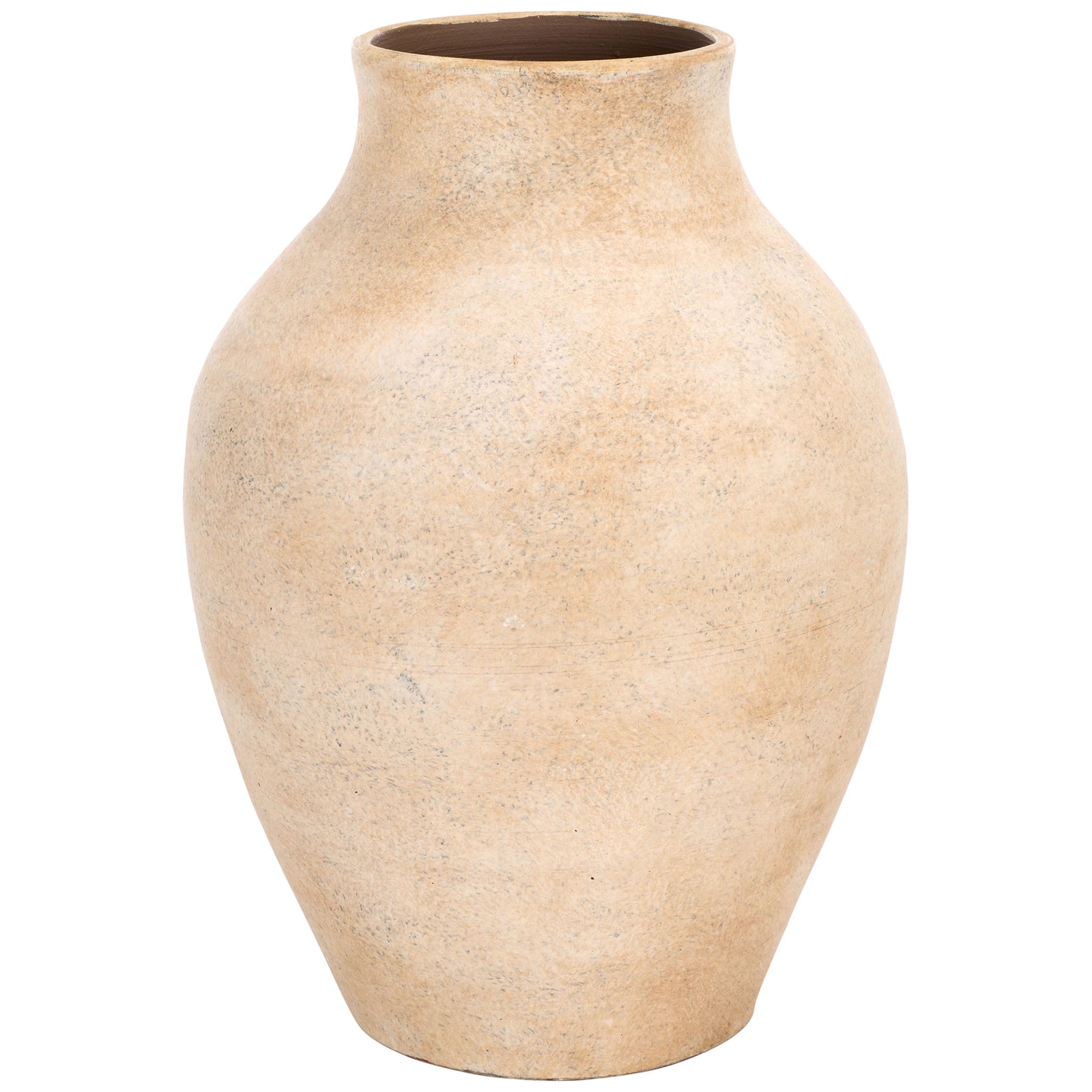 A softly rounded stoneware vase blends warm natural tan tones with subtle gray speckling. || RDC1211A || front_studio