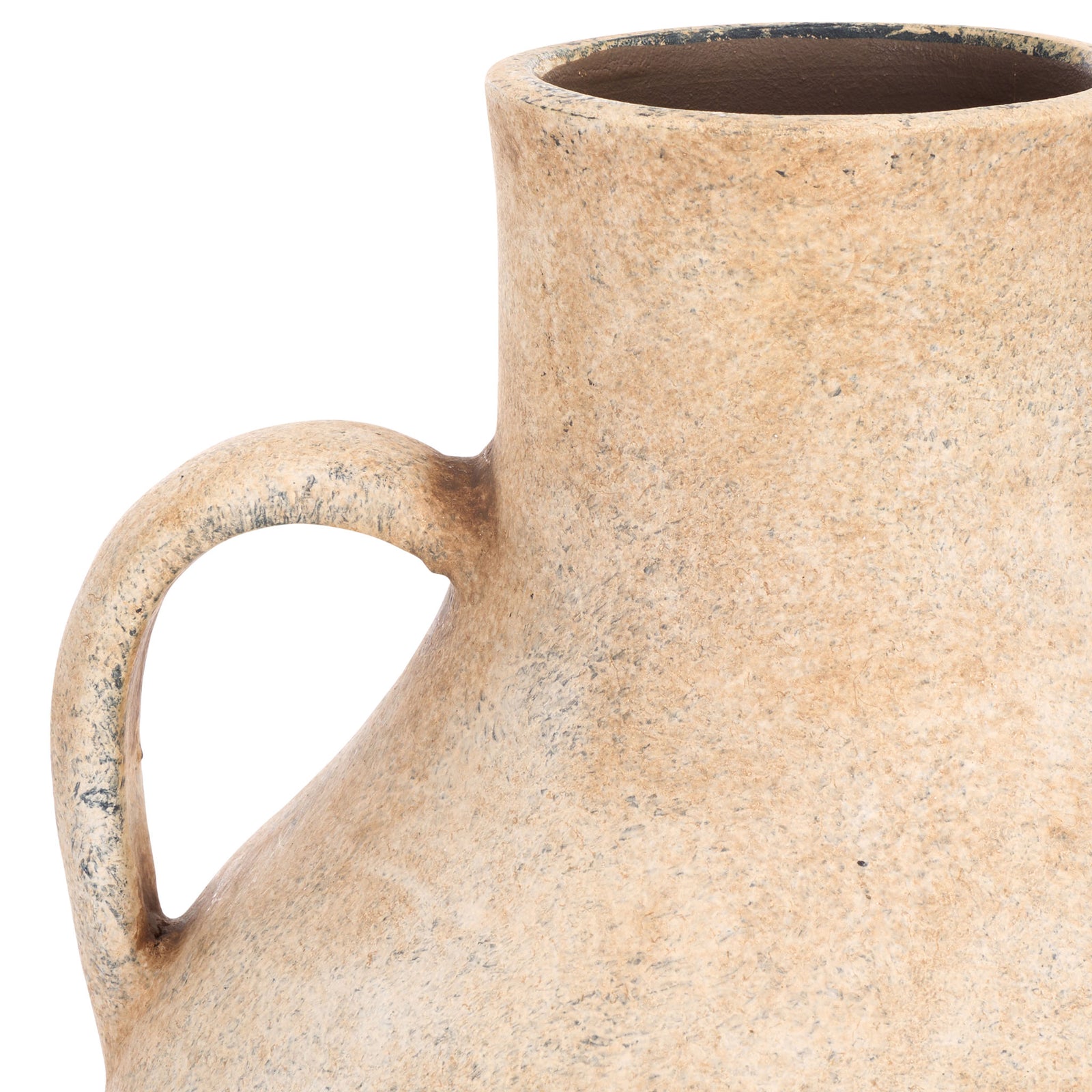 A curved loop handle and open rim accent the vase's softly speckled, weathered stoneware finish. || RDC1212A || handle_studio