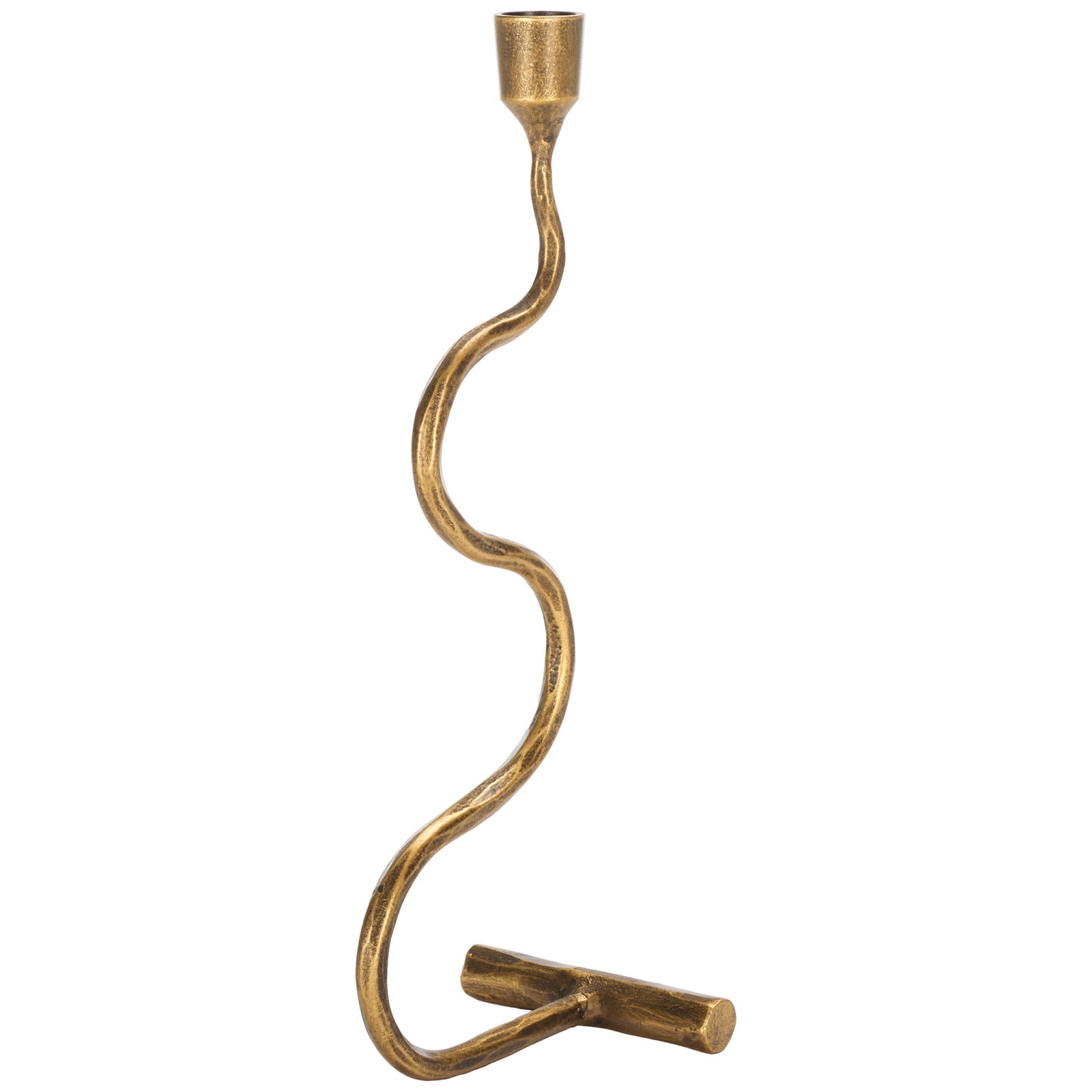 A tall metal candlestick pairs an antiqued gold finish with a sinuous stem and a cup for a taper candle. || RDC2500A-SET2 || back_angle_partial_studio