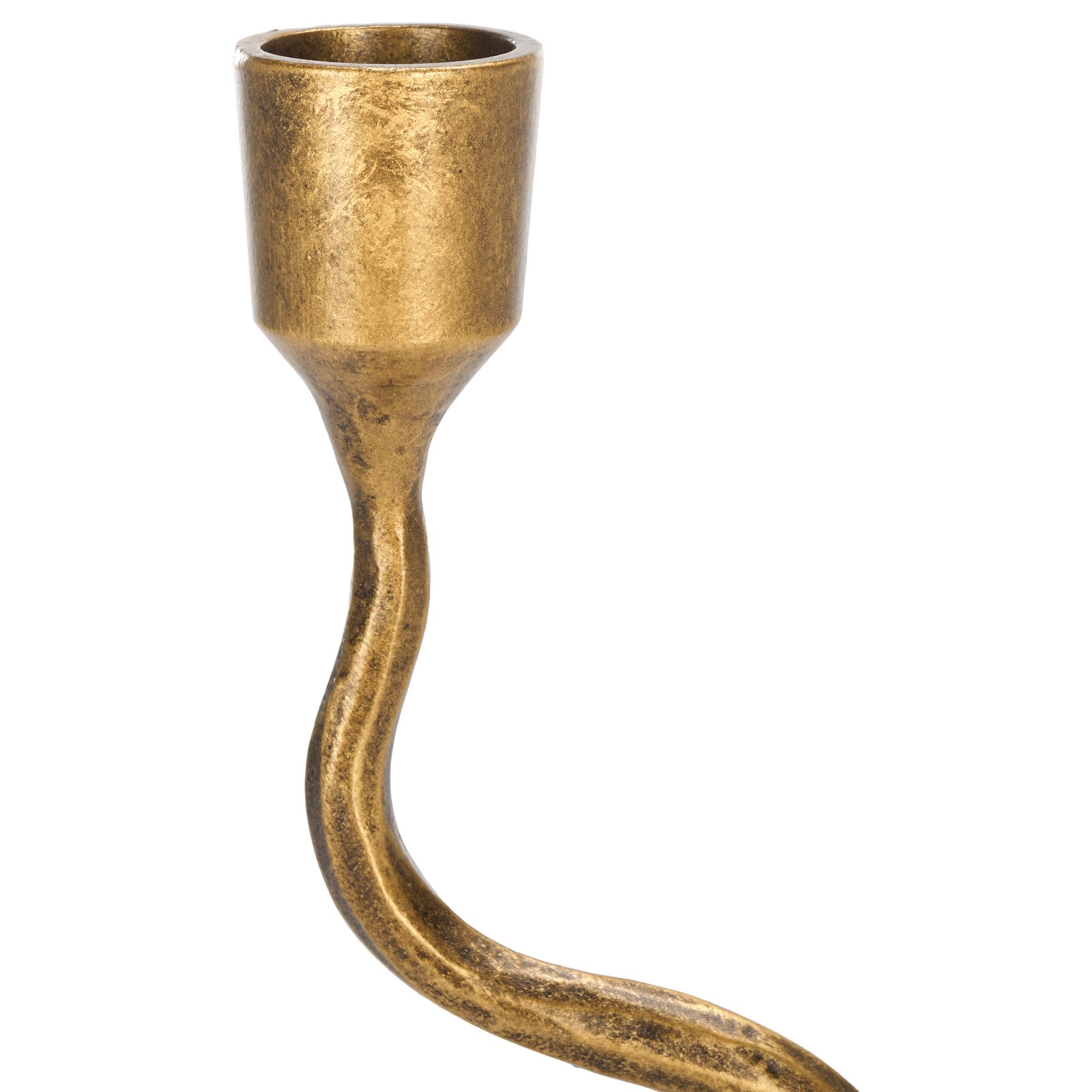 A cylindrical taper cup showcases the candlestick's softly weathered gold finish and winding metal stem. || RDC2500A-SET2 || detail_studio