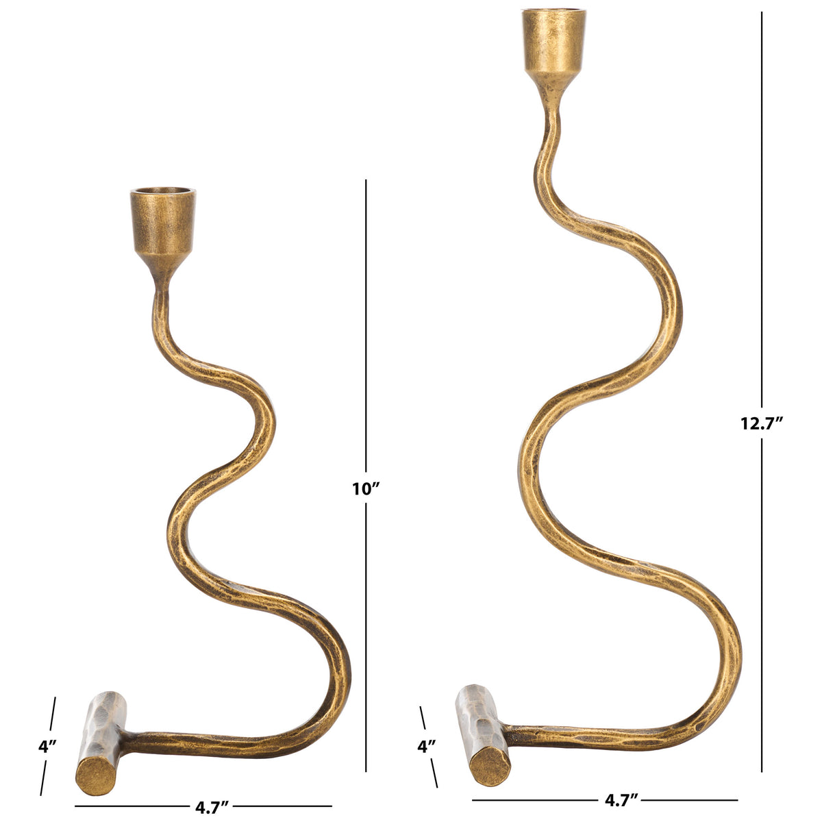 Two sculptural gold taper holders come in complementary heights with rounded crossbar feet. || RDC2500A-SET2 || dimension_studio