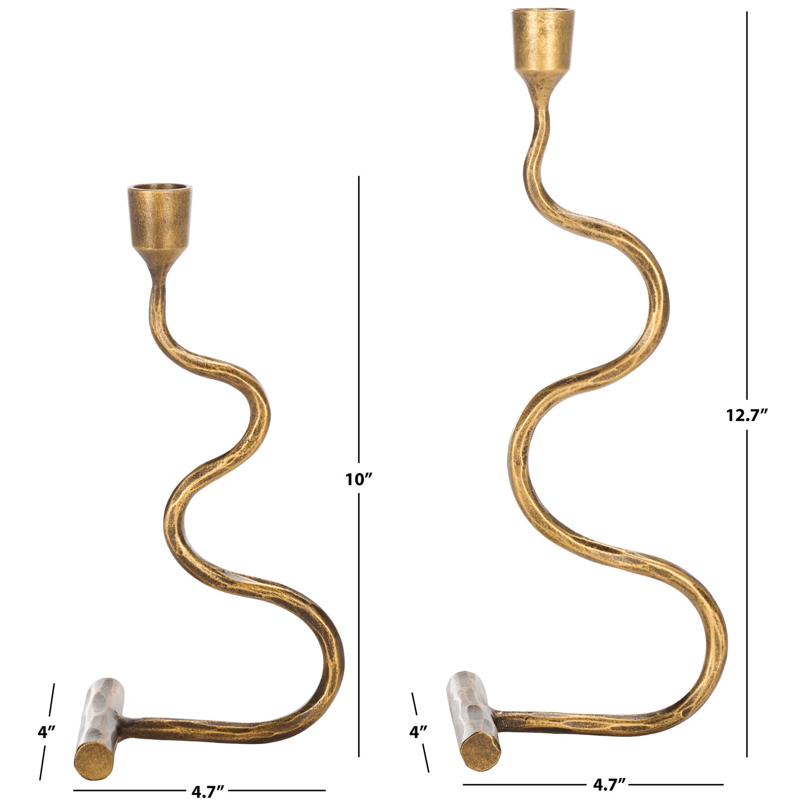 Two sculptural gold taper holders come in complementary heights with rounded crossbar feet. || RDC2500A-SET2 || dimension_studio