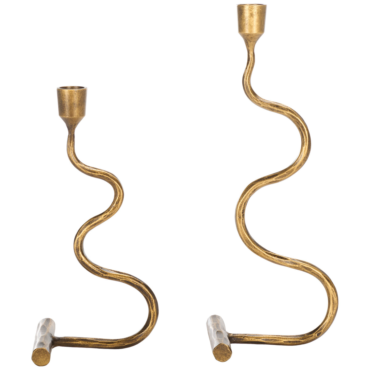Two gold metal candlesticks in staggered heights bring flowing curves and warm luster to a table. || RDC2500A-SET2 || front_studio