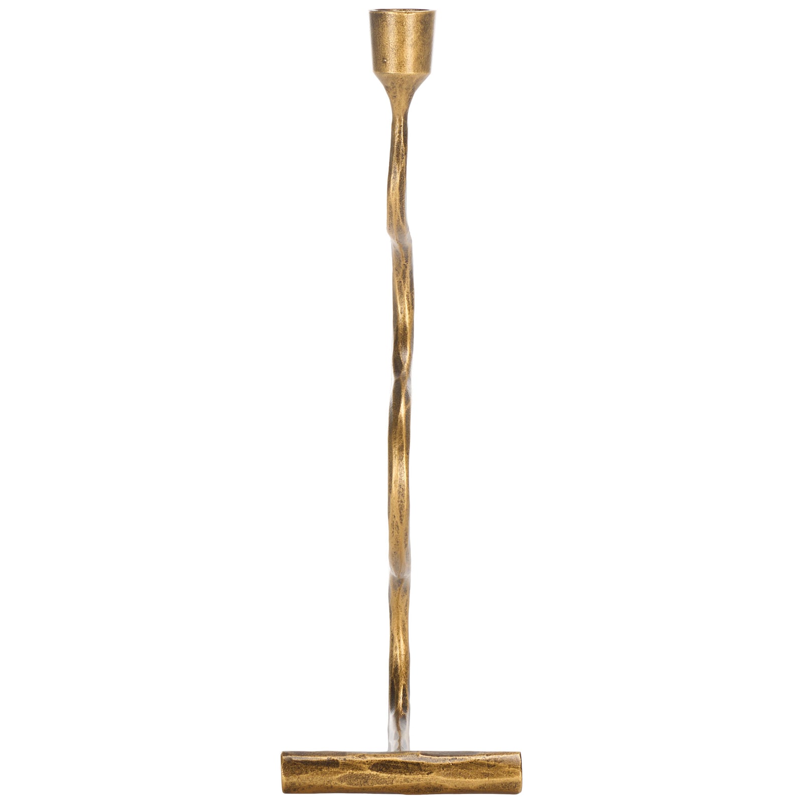 A slender gold metal candle holder stands on a T-shaped base with a textured finish. || RDC2500A-SET2 || side_partial_studio
