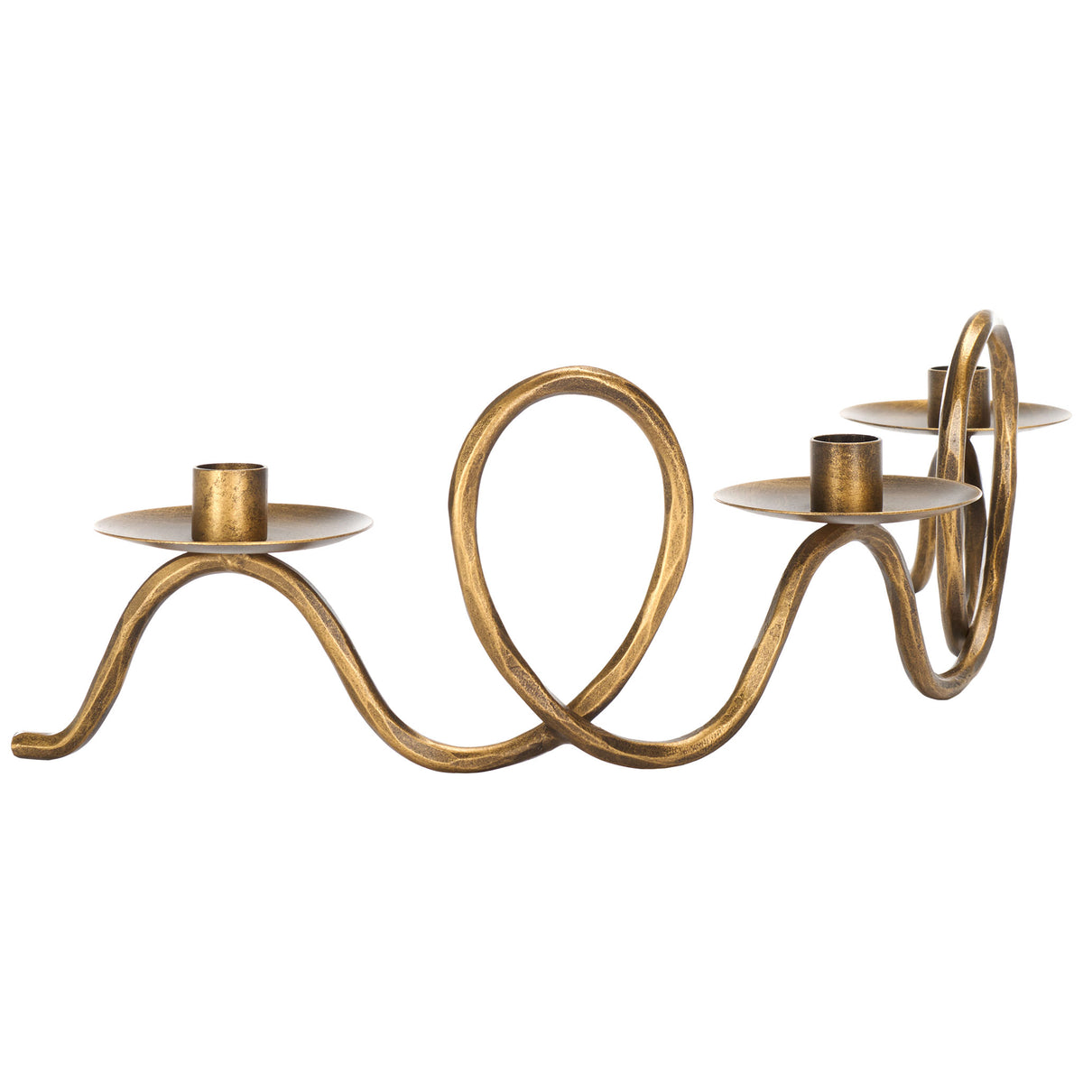 A flowing brass-toned metal stem twists into open loops beneath three raised taper holders || RDC2501A || back_angle_studio