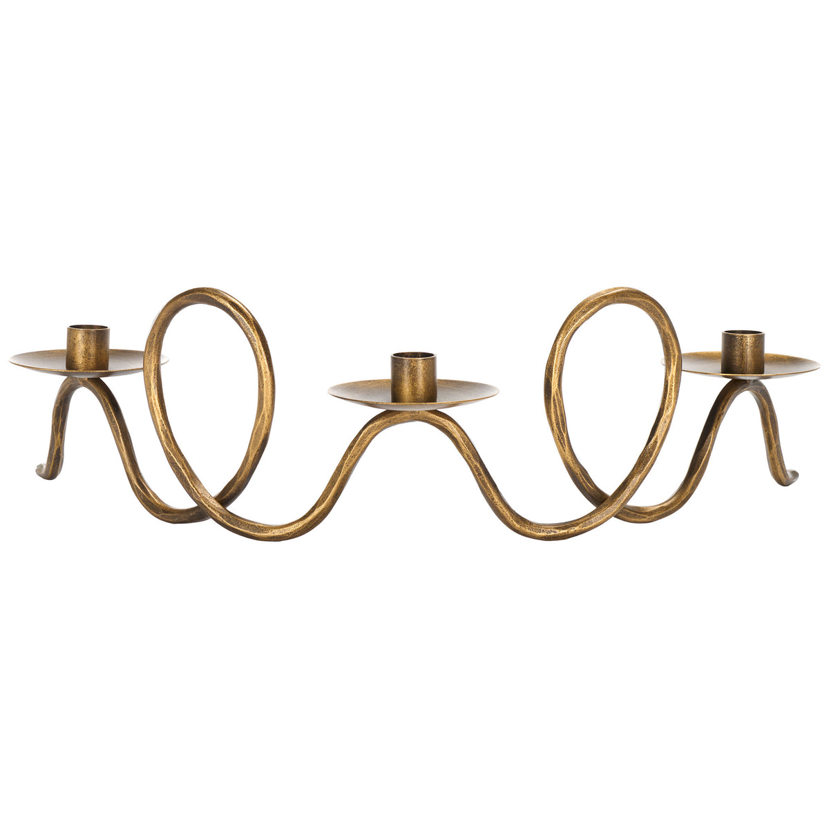 Three round candle plates sit atop an undulating iron frame with twin loops and an antiqued brass tone || RDC2501A || back_studio