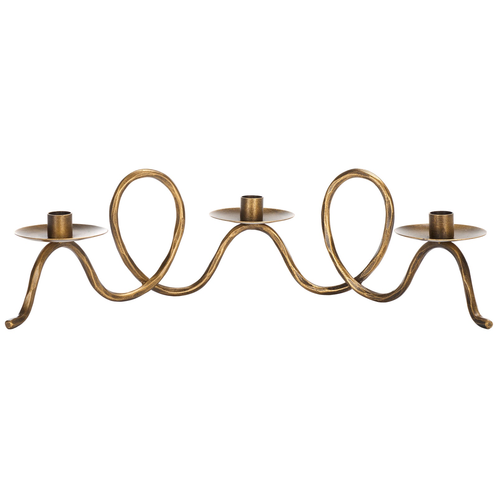 Twin flowing loops give this brass-toned iron centerpiece a sculptural silhouette beneath three candle plates || RDC2501A || front_studio