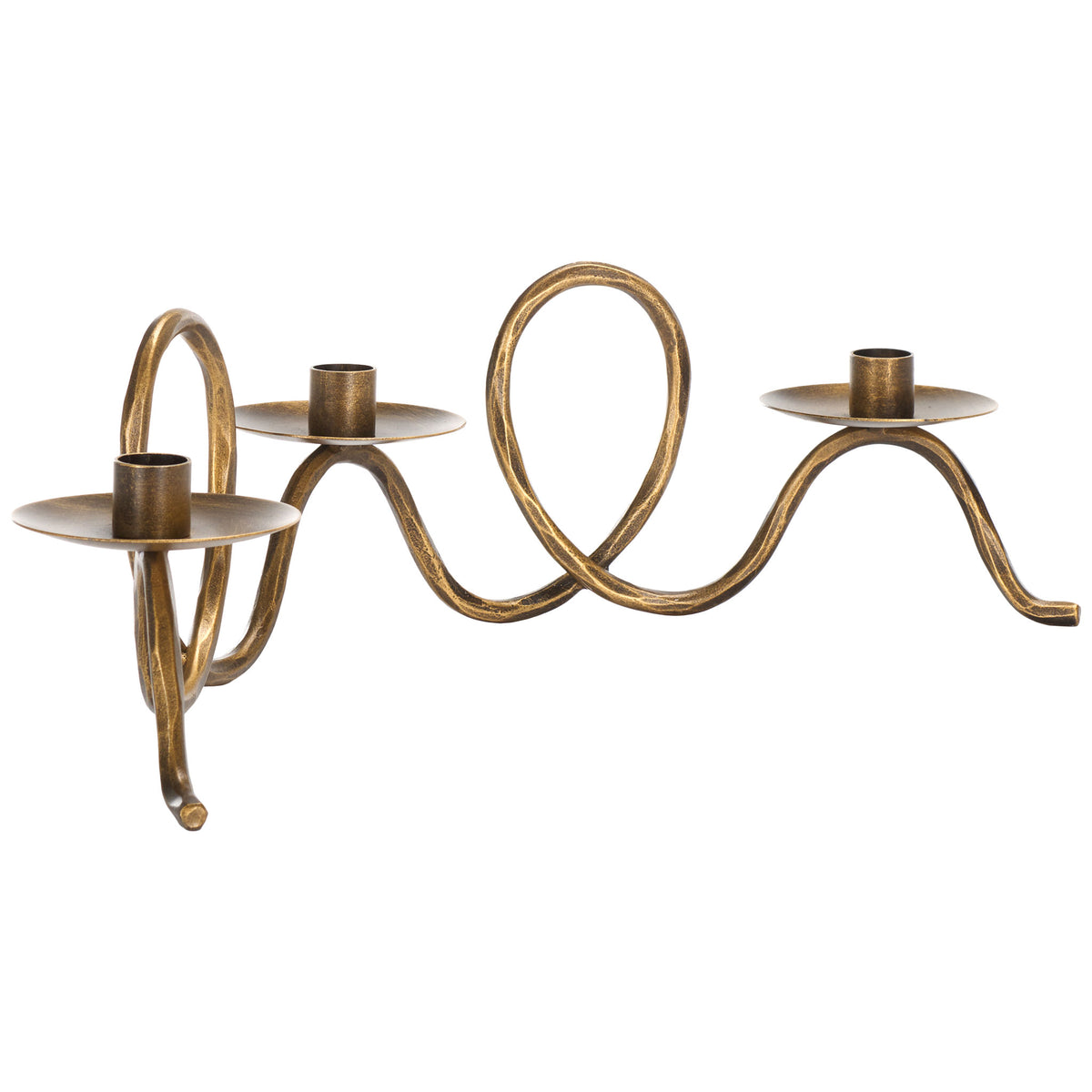 Three shallow metal candle trays follow the flowing curves of a brass-toned frame with rounded feet || RDC2501A || front_angle_studio