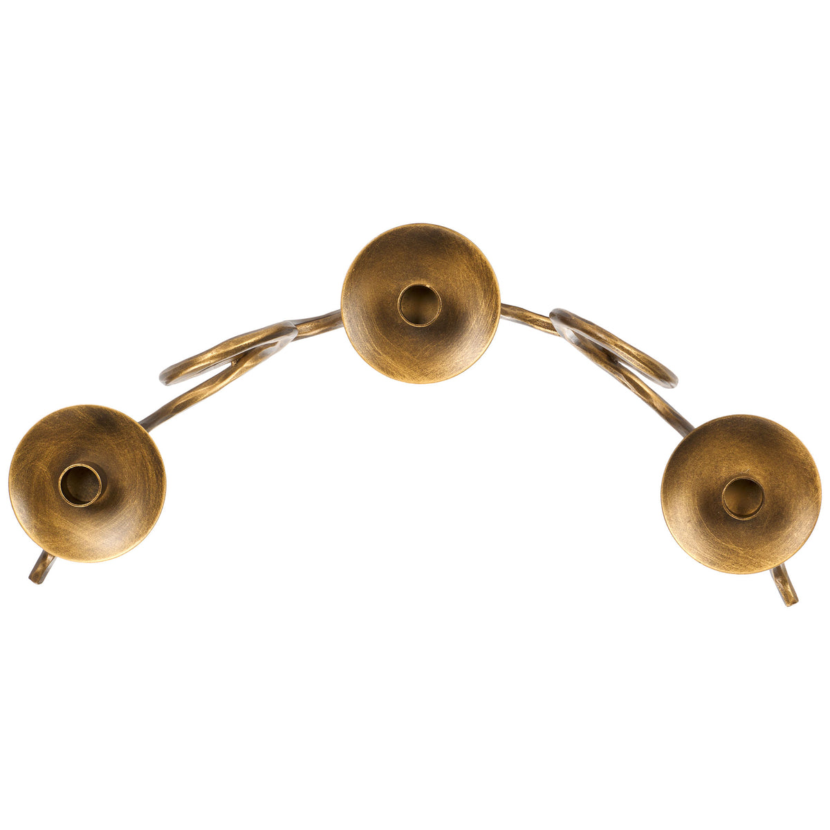 Three round taper plates spread across the wave-shaped iron frame in an antiqued brass tone || RDC2501A || top_studio