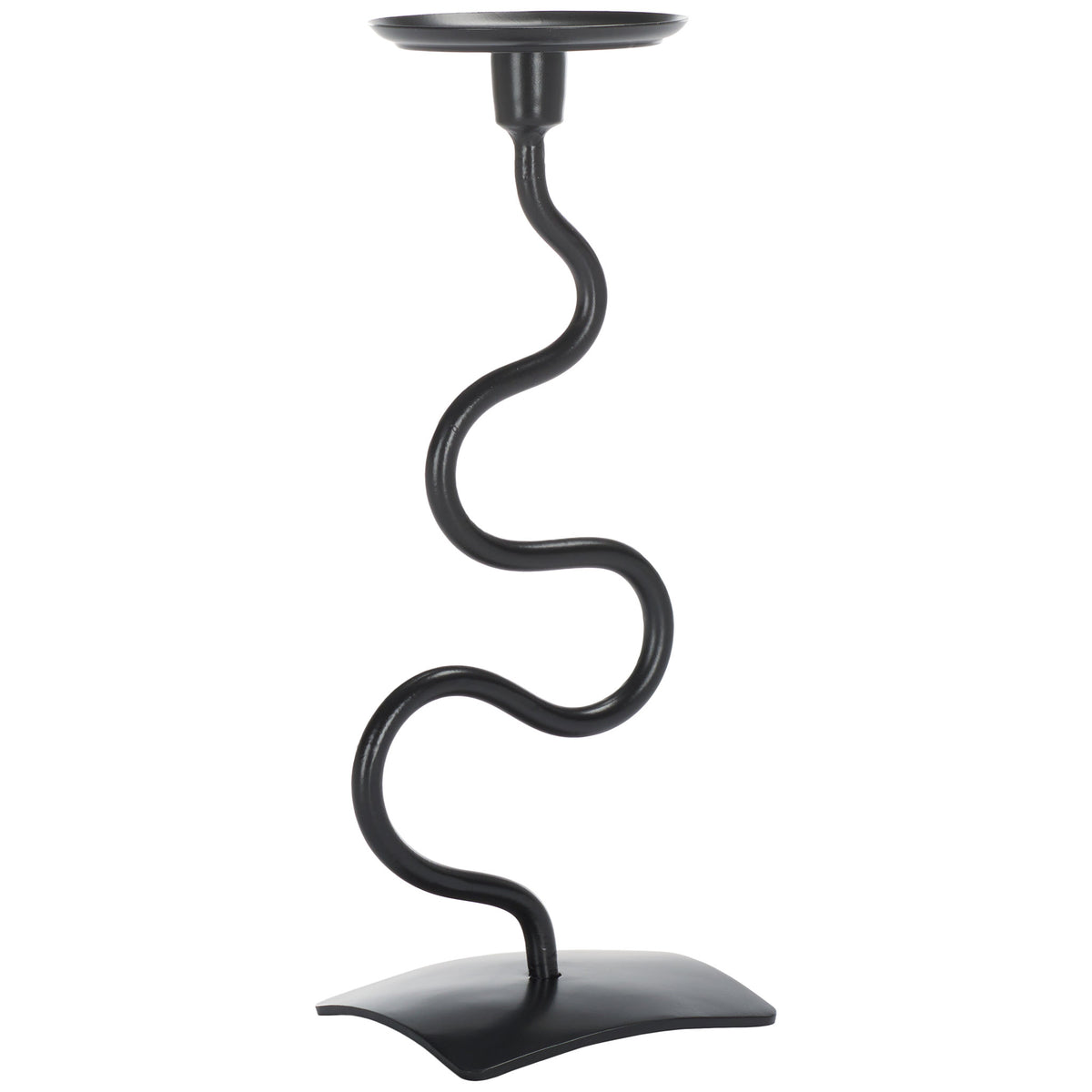 Sinuous black metal stem rises from a curved base to support a round candle tray || RDC2502A-SET2 || back_angle_partial_studio