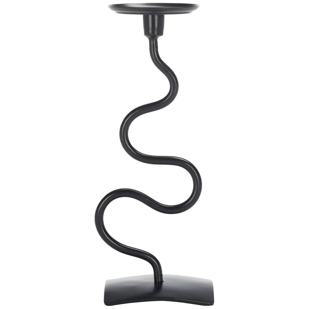 Black iron candlestick features a winding stem, shallow candle plate, and gently arched foot || RDC2502A-SET2 || back_partial_studio
