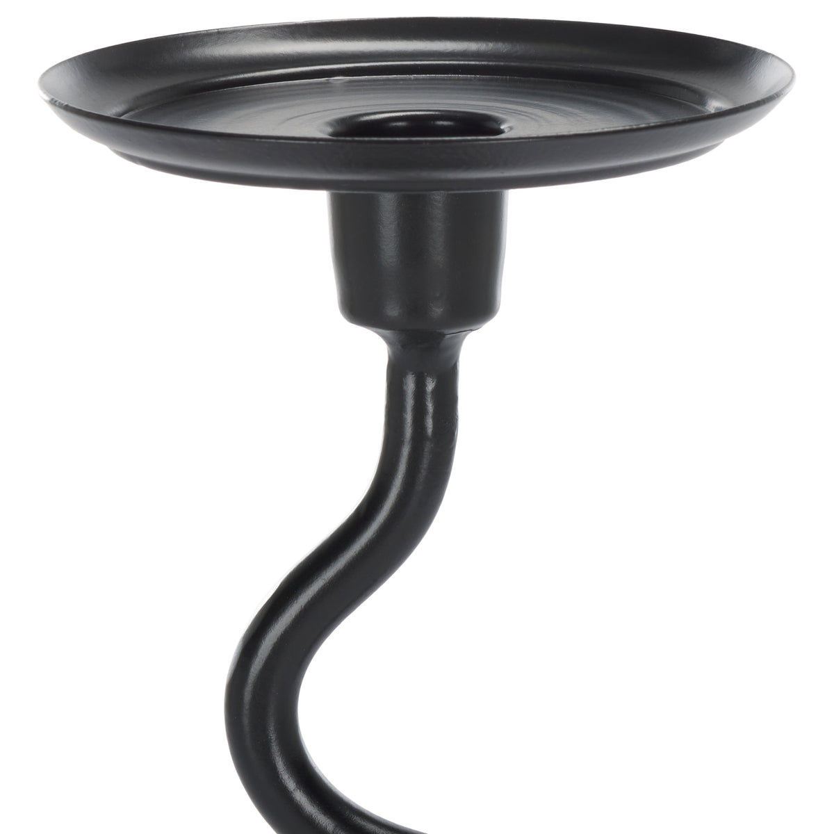 A shallow black candle tray and sculpted iron neck add definition to the wavy design