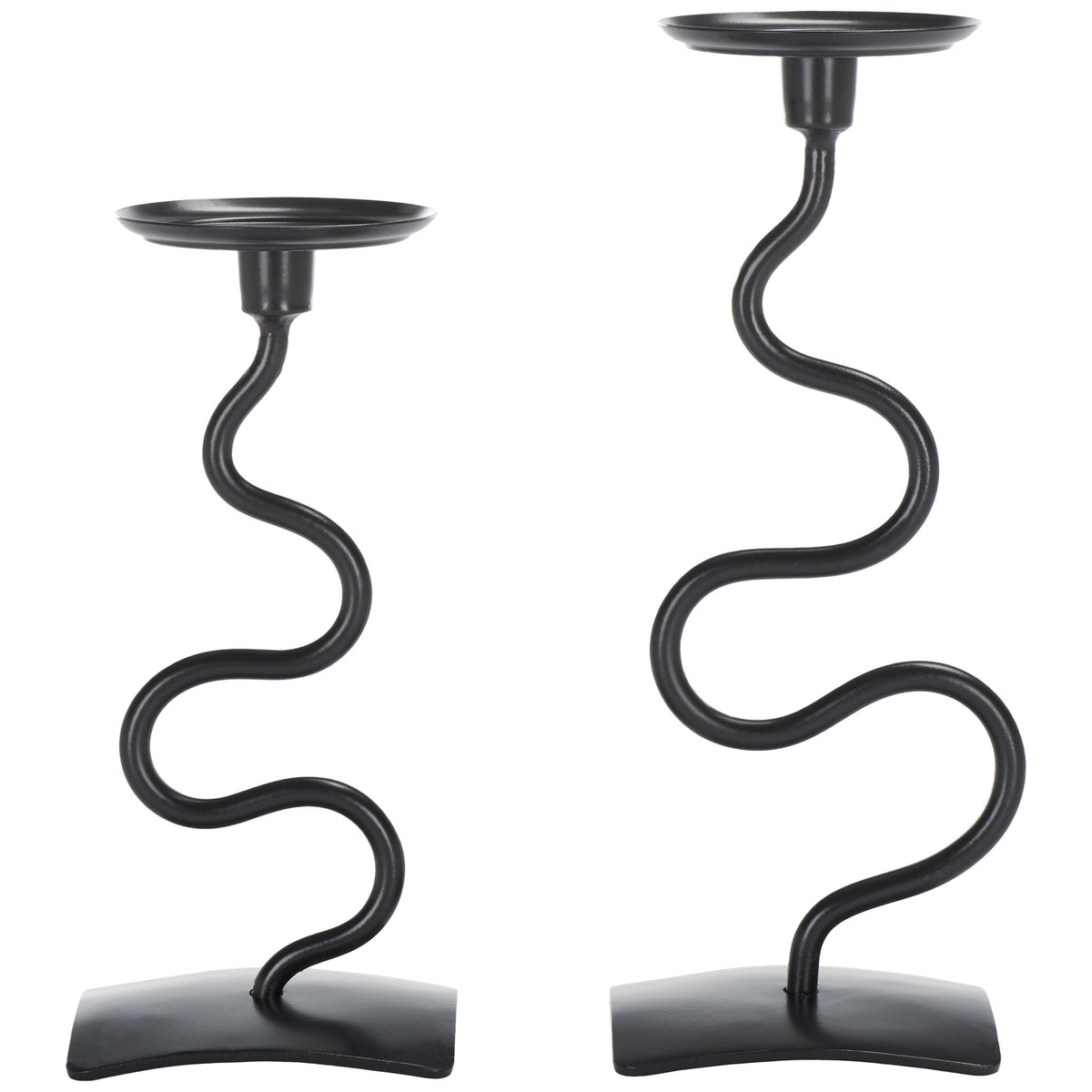 Two black iron candlesticks pair wavy stems with curved bases in complementary heights || RDC2502A-SET2 || front_studio