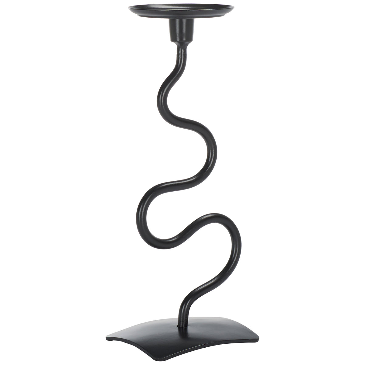 Tall black candlestick winds in gentle curves between a round candle tray and arched base || RDC2502A-SET2 || front_angle_partial_studio