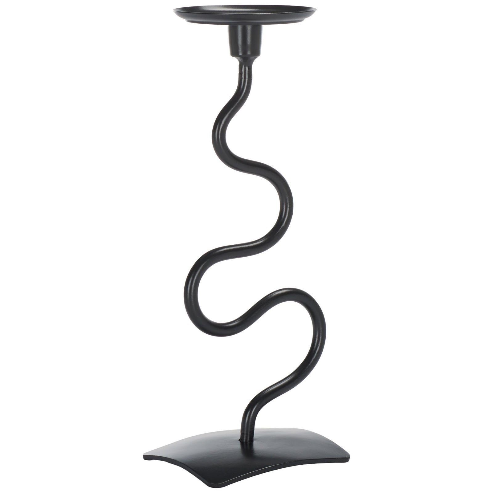 Tall black candlestick winds in gentle curves between a round candle tray and arched base || RDC2502A-SET2 || front_angle_partial_studio