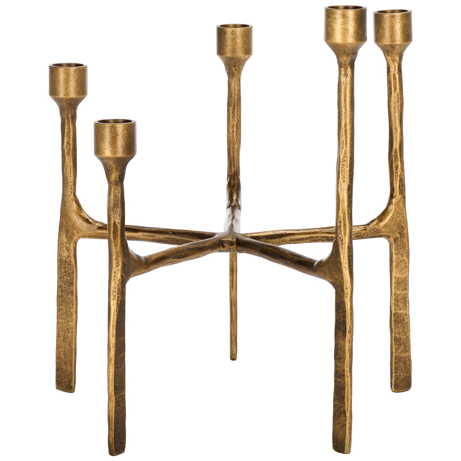 Crisscrossing iron arms support five candle cups in a warm brass finish. || RDC2503A || back_angle_studio