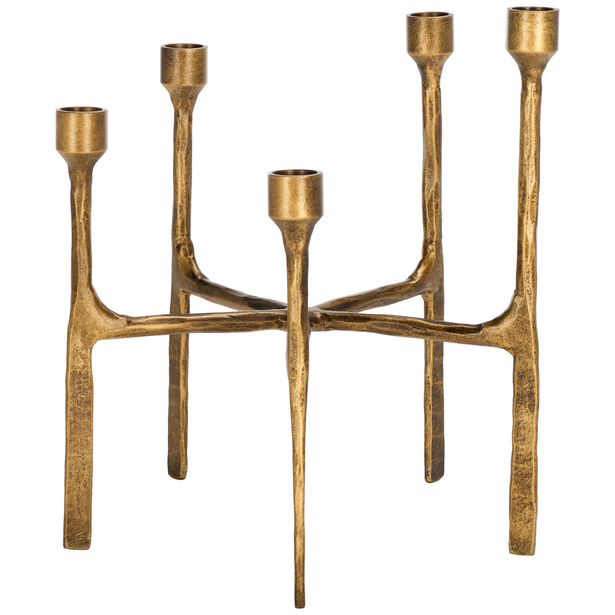 Five brass-finished candle cups crown slender, textured stems at varying heights. || RDC2503A || back_studio