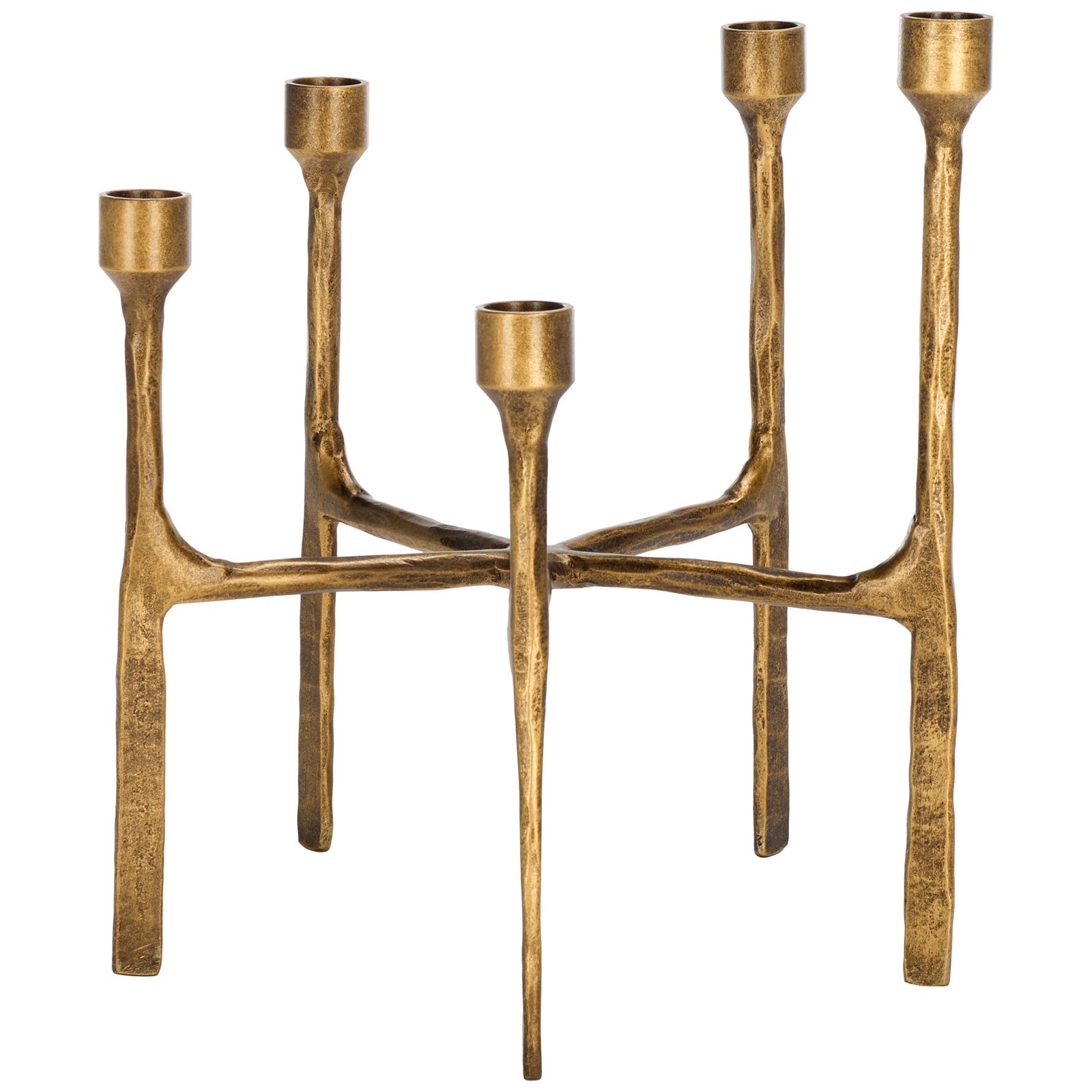 Five brass-finished candle cups crown slender, textured stems at varying heights. || RDC2503A || back_studio