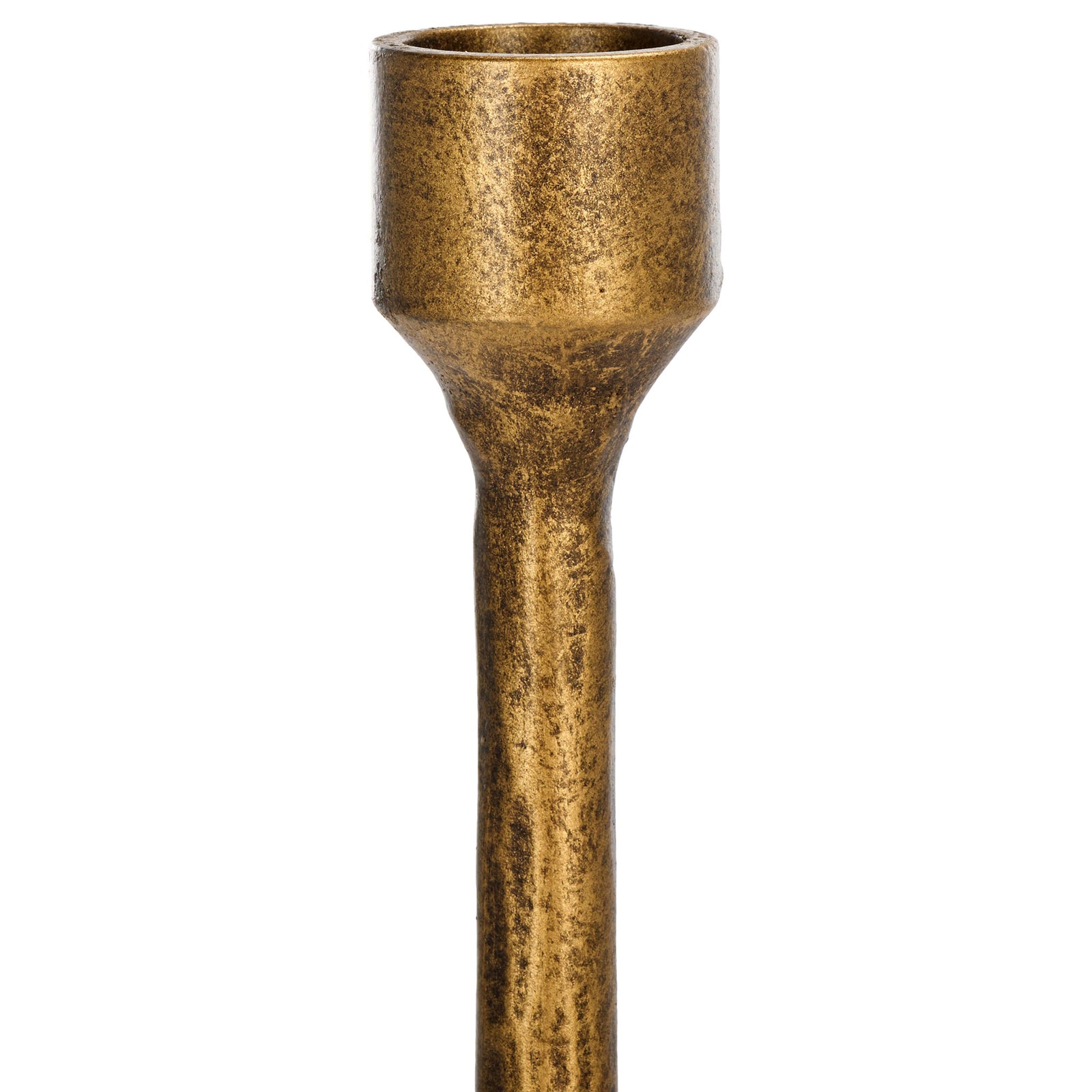 A cylindrical taper candle cup showcases a mottled brass finish on a slender stem. || RDC2503A || detail_studio