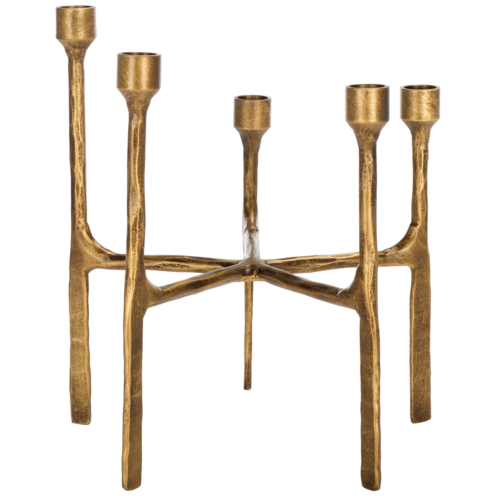Five staggered candle cups rise from slim, textured, brass-finished iron branches. || RDC2503A || front_studio