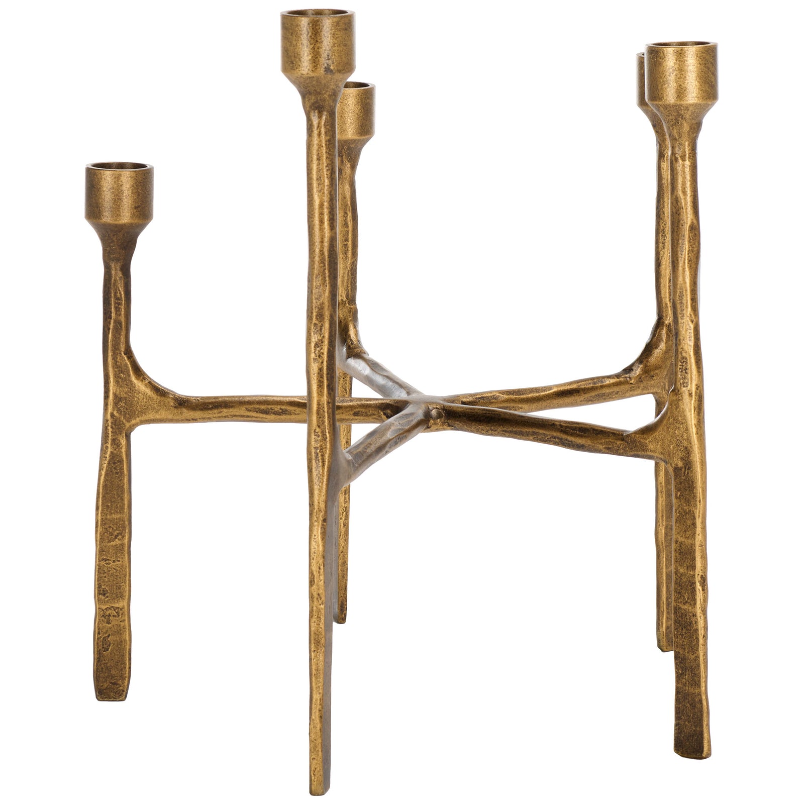 Slender metal arms overlap beneath five candle cups in an airy, sculptural centerpiece. || RDC2503A || side_studio