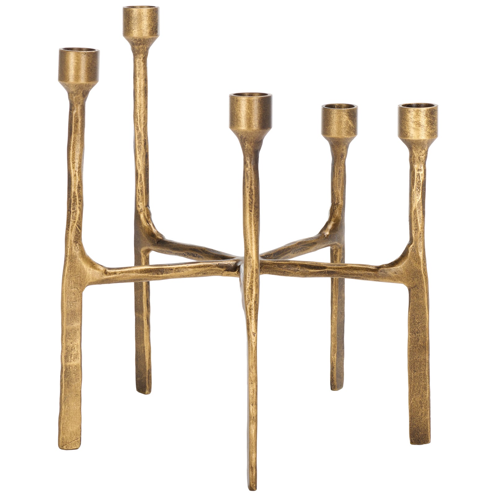 Staggered candle cups top five branching iron stems with a warm brass finish. || RDC2503A || front_angle_studio