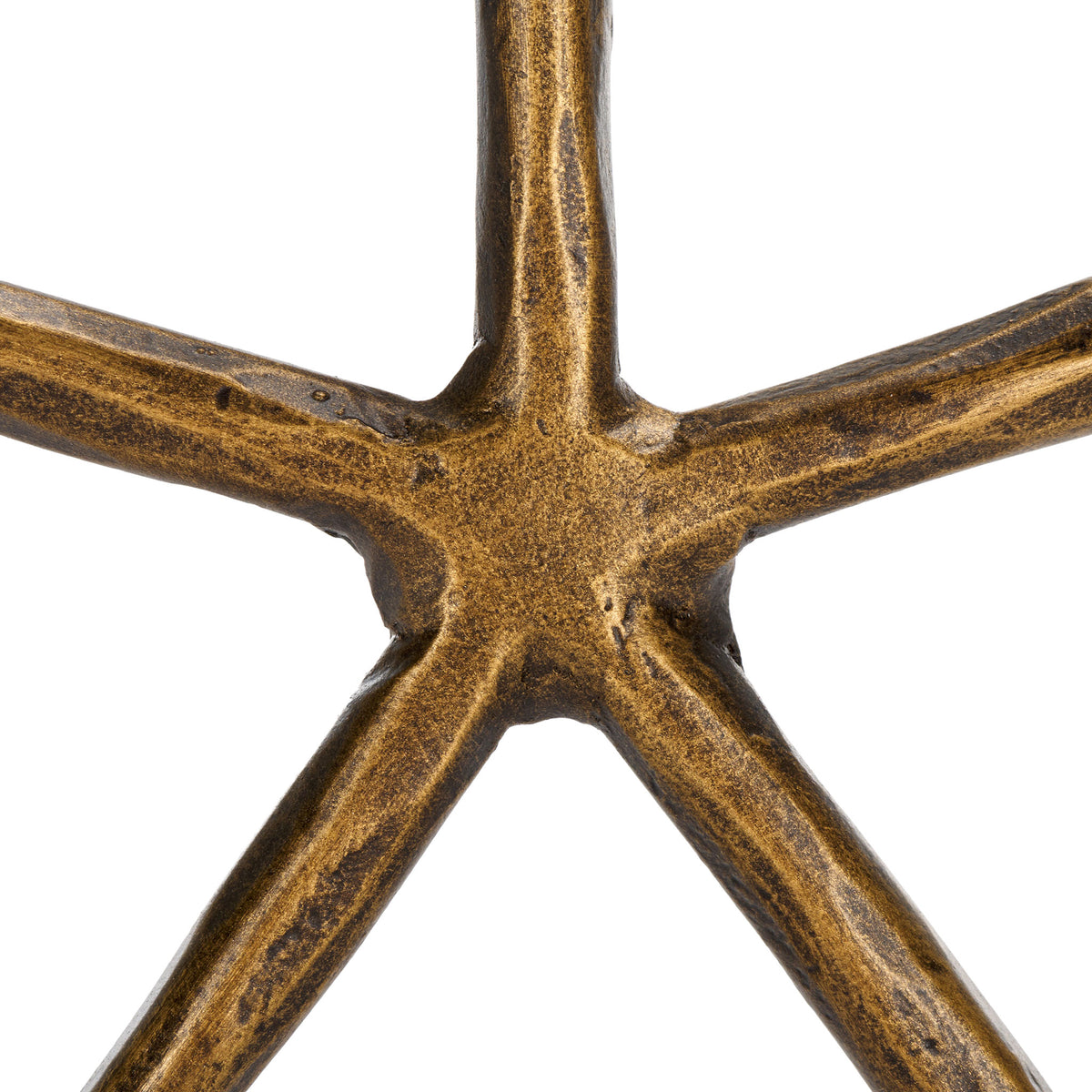 Five radiating iron arms meet at a center hub with a mottled brass finish. || RDC2503A || detail_studio