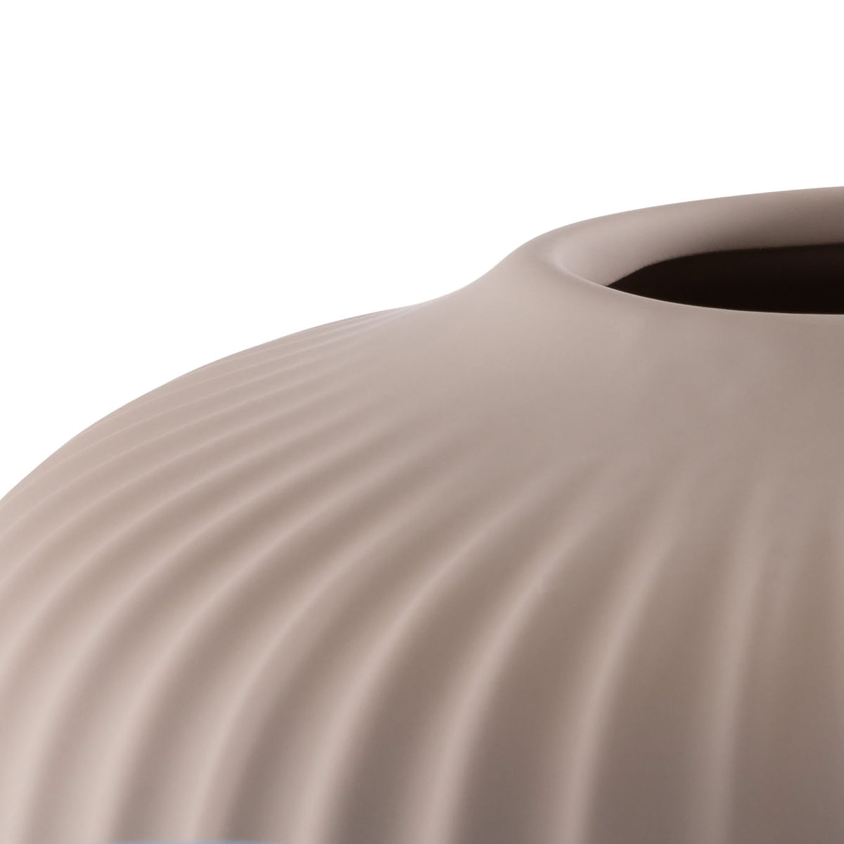 Warm beige ceramic vase with a small round opening and delicate fluting across its curved surface